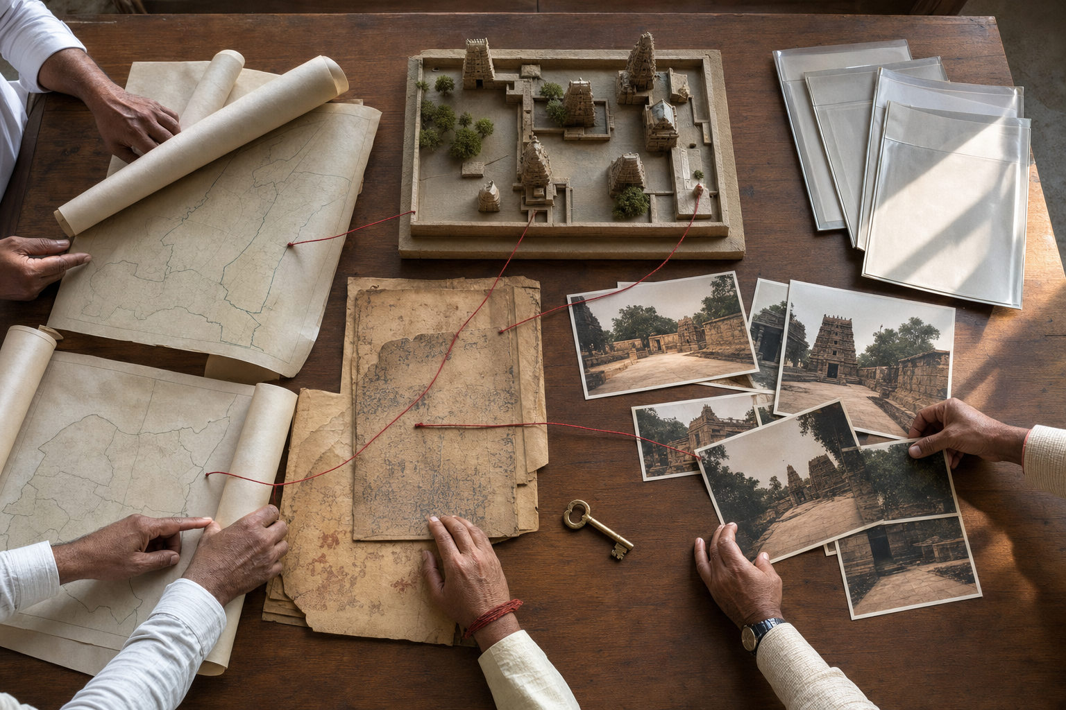 Trustees compare maps, deeds, property photographs, archival sleeves, and a model of temple grounds on a wooden table.