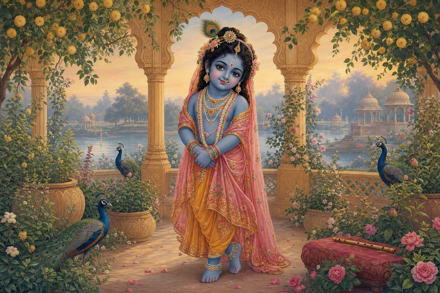 Bala Krishna in a bindi, nose ring, jewelry, anklets, and softly draped stri-vesha garments within a flowering Vrindavan shrine.