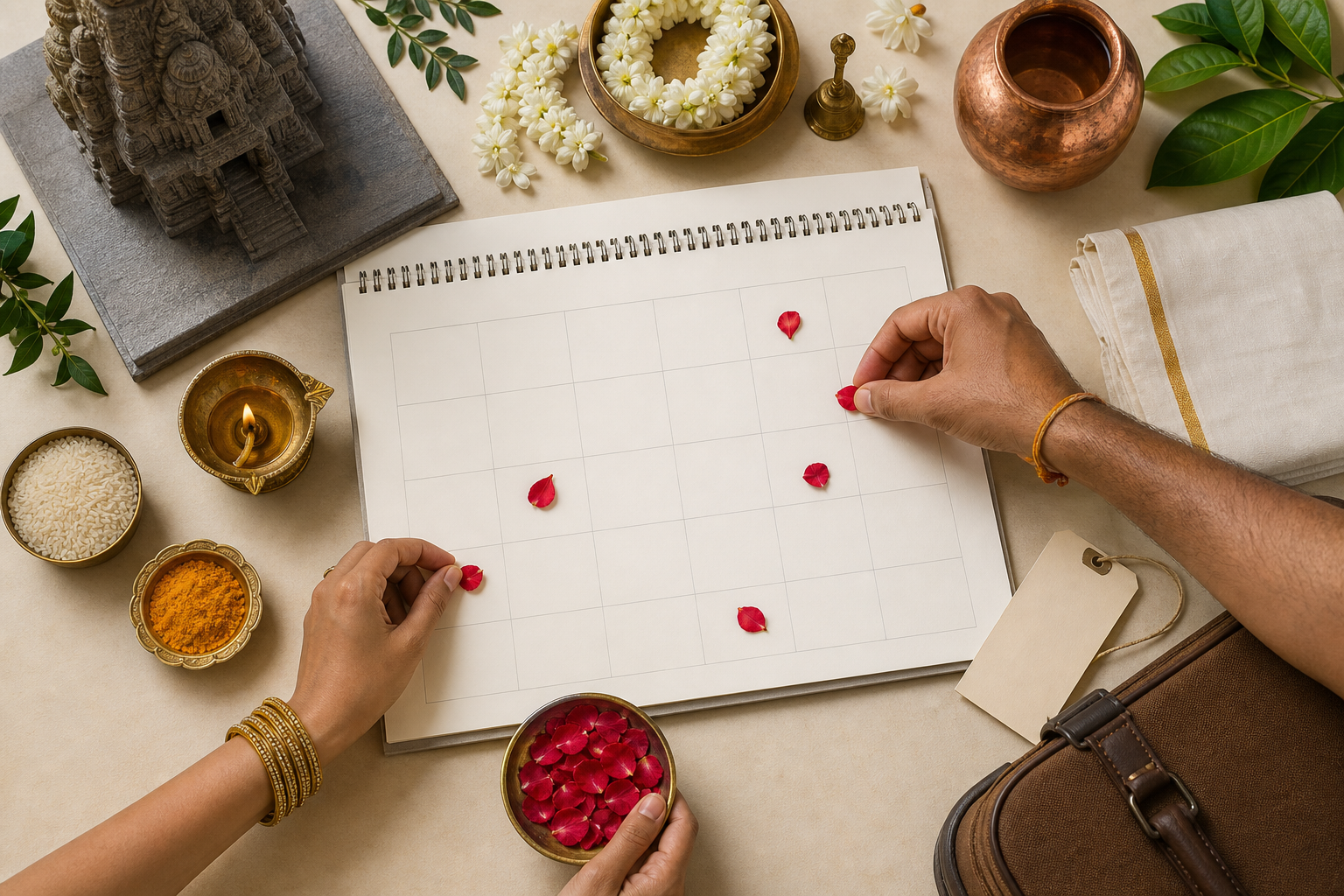 A blank monthly planner marked with flower petals is surrounded by puja items, folded travel cloth, and a small South Indian temple model.