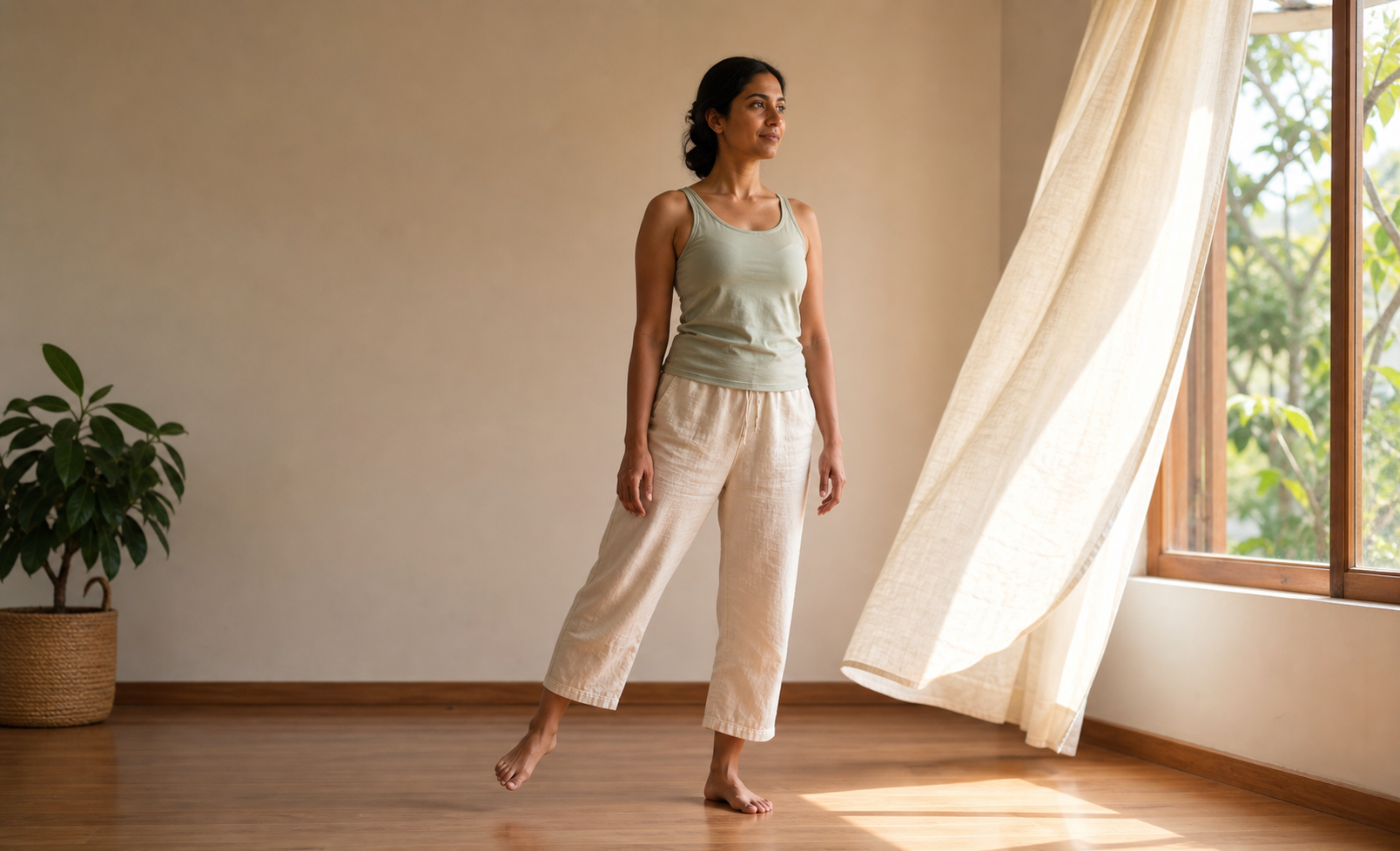 A yoga practitioner maintains a relaxed standing balance in a sunlit room beside a gently moving curtain.