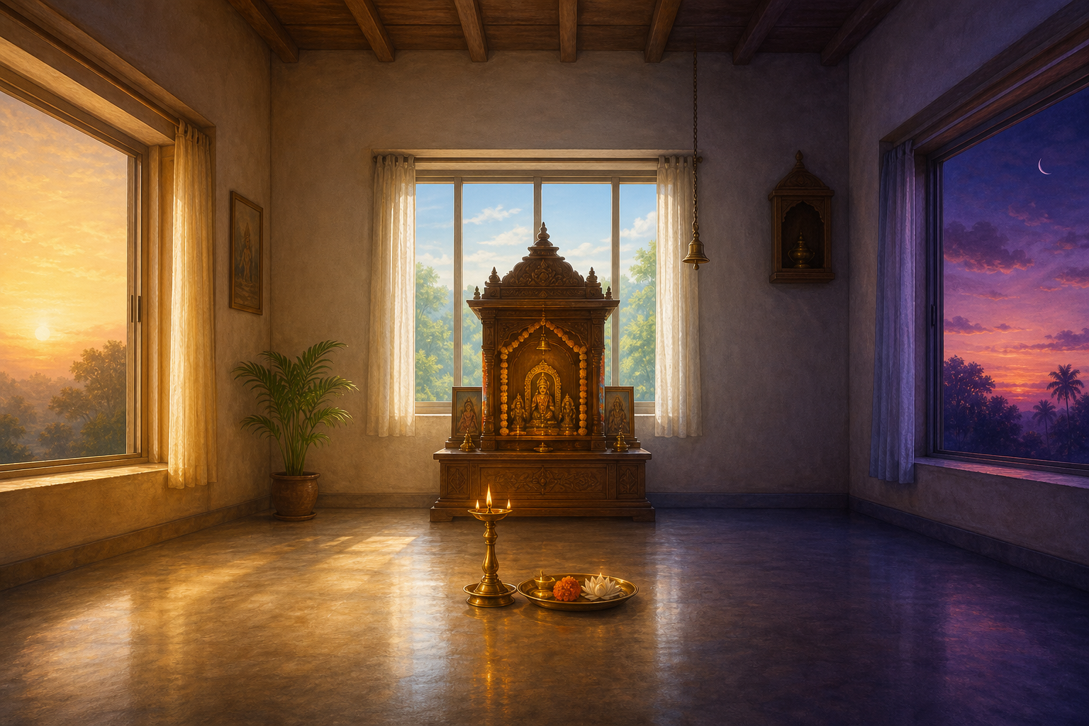 A continuous panorama shows the same home shrine at sunrise, daytime, and sunset, with changing light and shadows around a brass lamp and offering plate.