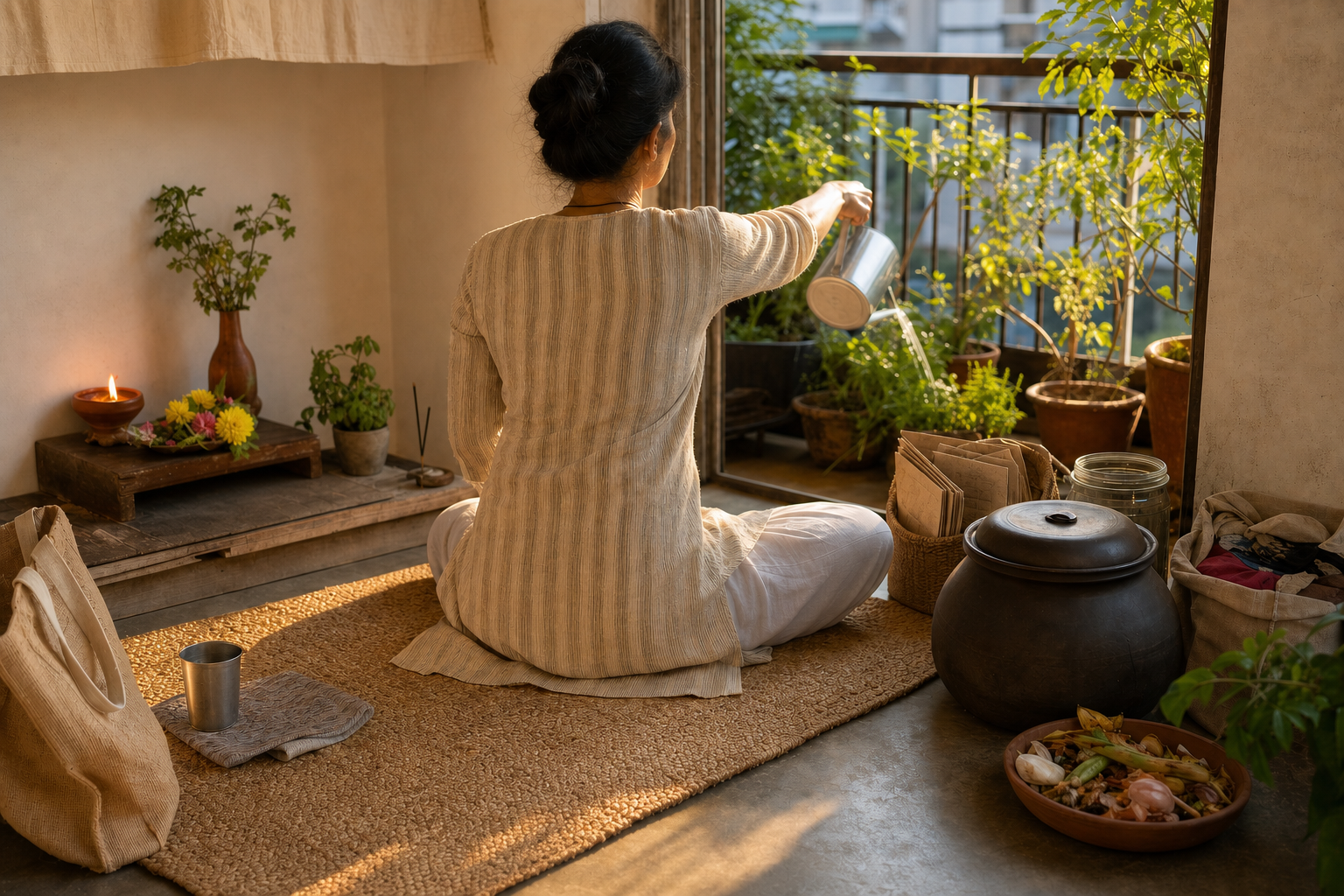 A person finishes dawn worship and waters potted herbs with collected water beside reusable household items and a covered compost container.