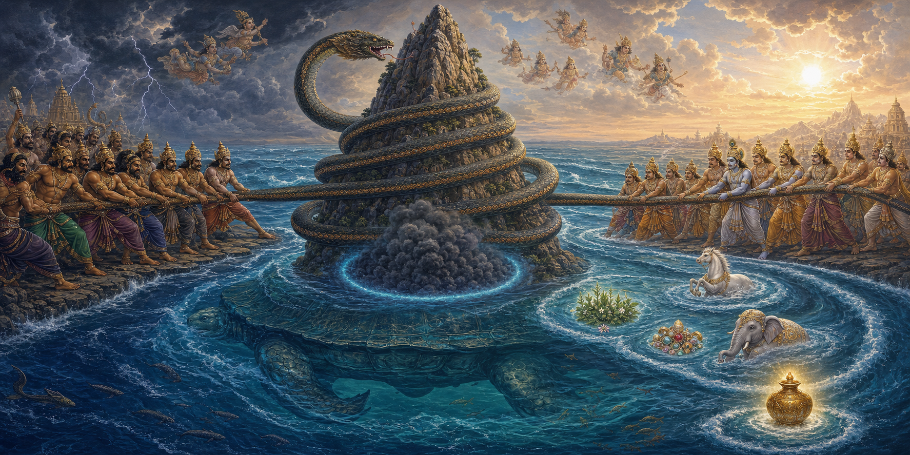Celestial beings on opposite sides pull a serpent around a central mountain as a tortoise supports it and treasures emerge from the churning ocean.