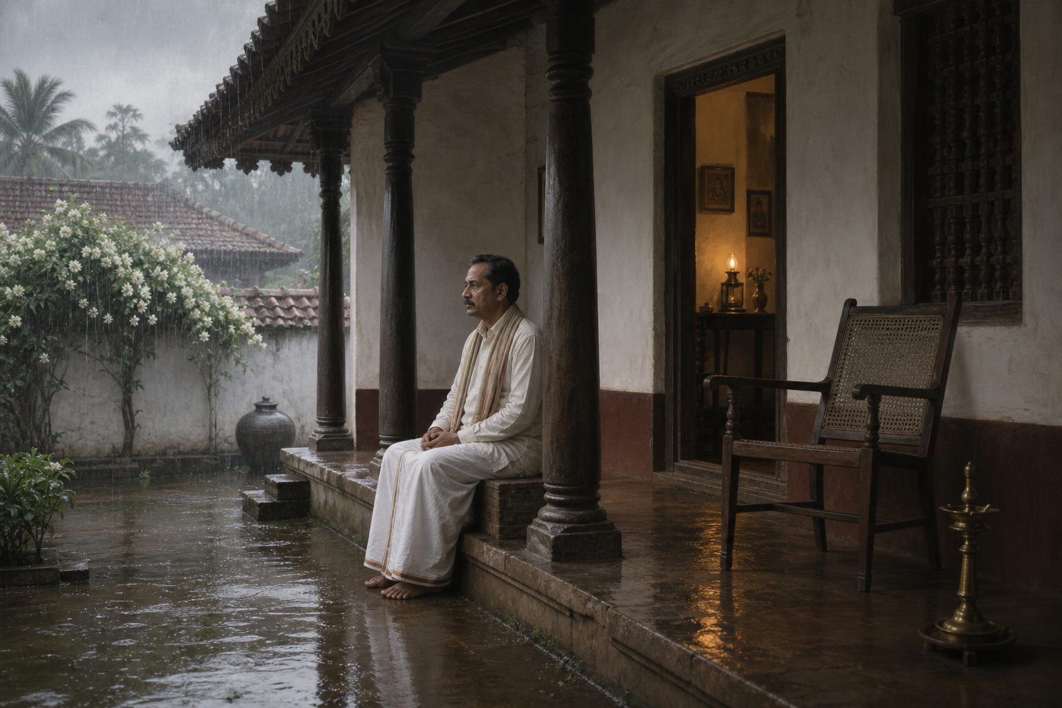 A solitary scholar sits on a shaded veranda beside an empty woven chair and an extinguished brass lamp while rain falls in the courtyard.