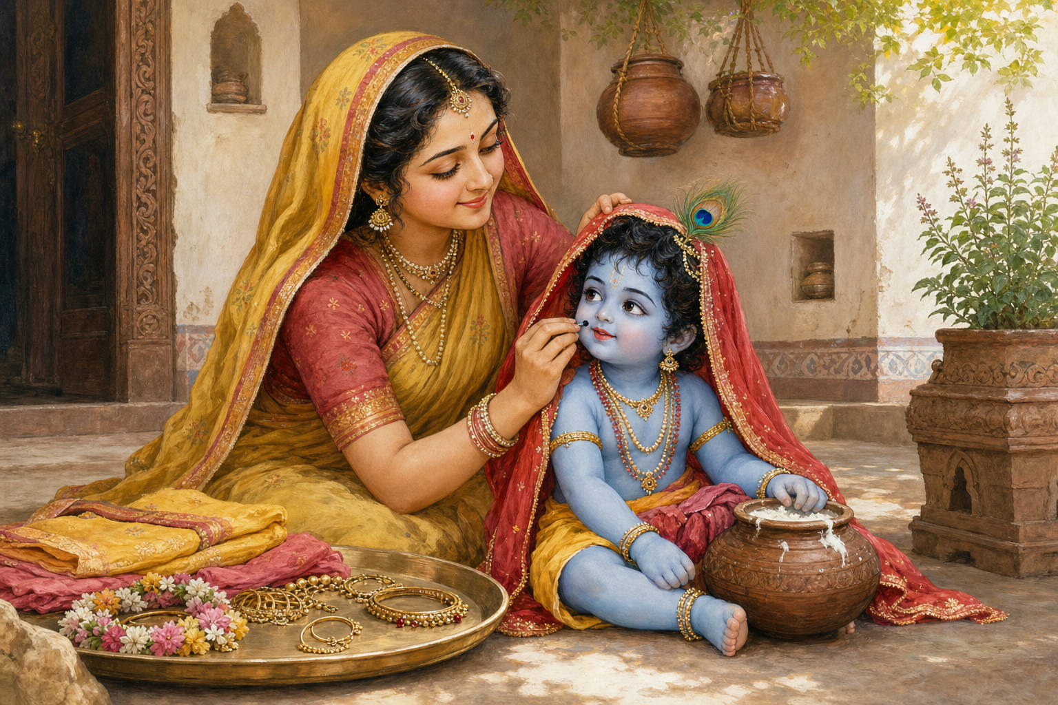 Yashoda gently arranges young Krishna's veil beside a tray of jewelry and garments in a Braj household courtyard.