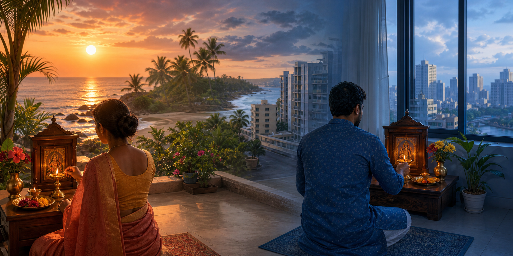 Two devotees prepare similar home shrines in distant locations where the sky and sunlight show different local times of day.