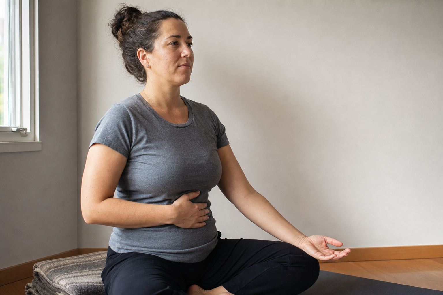 A seated yoga practitioner rests one hand on the lower ribs with relaxed shoulders, jaw, and hands.