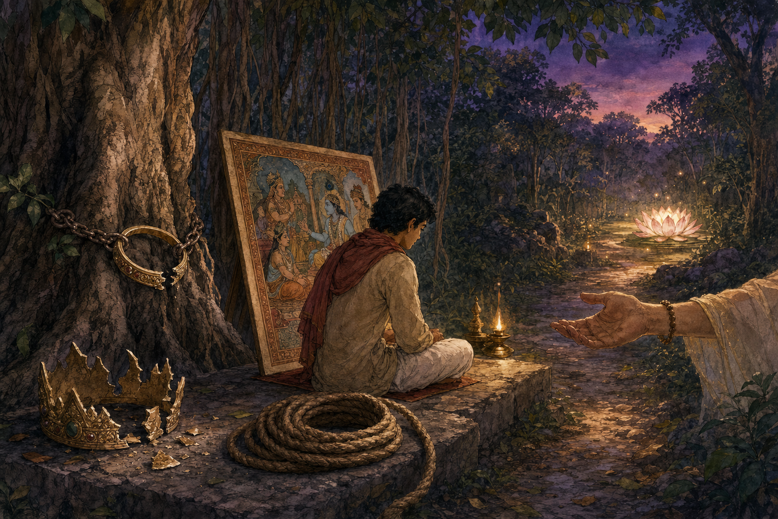 A reader beneath a banyan tree studies a story panel surrounded by a broken crown, a bracelet caught in a tree, a coiled rope, a helping hand, and a lit lotus.
