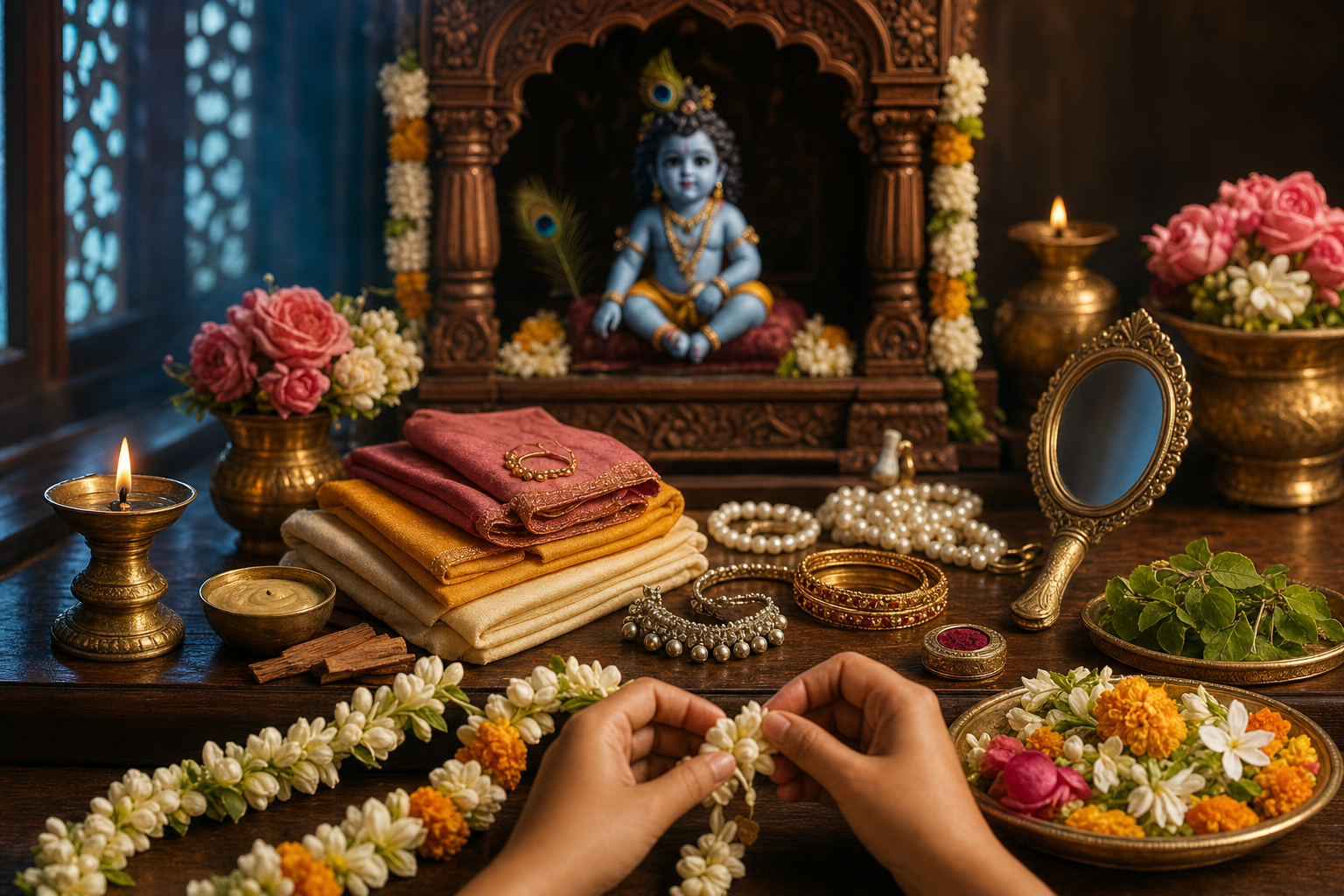 Cloth, jewelry, flowers, tulsi leaves, and other Krishna seva items arranged before a small Bala Krishna altar.