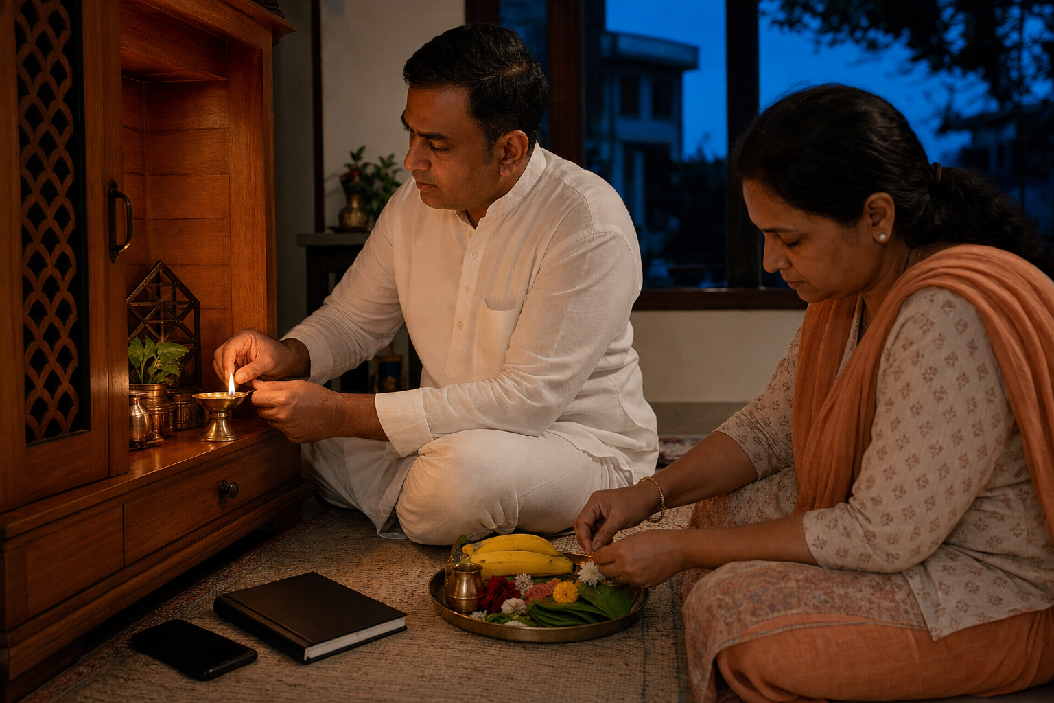 Two family members prepare a simple home observance at twilight with a brass lamp, flowers, fruit, sacred leaves, and water before a small shrine.