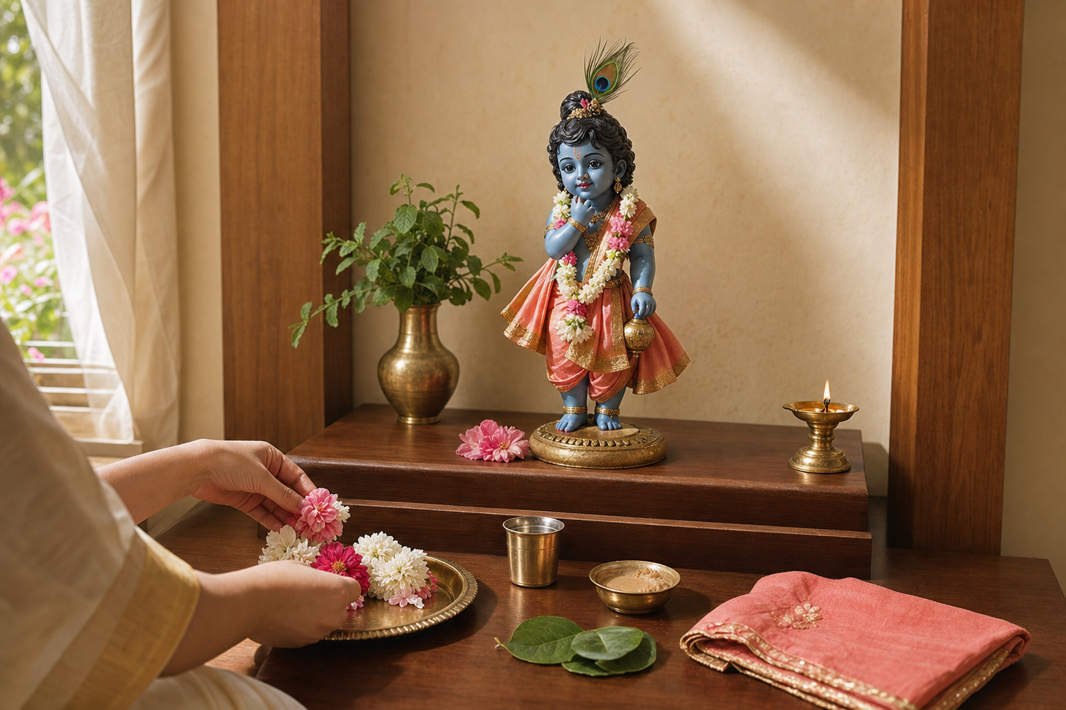 A small Bala Gopala home altar with stri-vesha garments, jewelry, flowers, tulsi leaves, and a devotee offering blossoms.