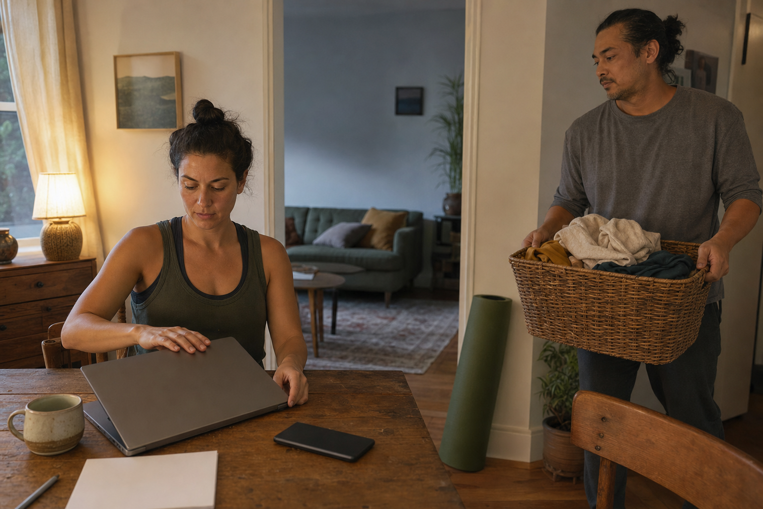 An adult closes a laptop and sets a phone face down while another household member carries a laundry basket.