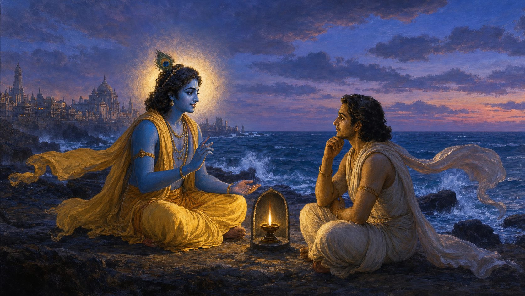 Krishna teaches the seated Uddhava beside a moving sea while a sheltered oil lamp burns steadily between them.