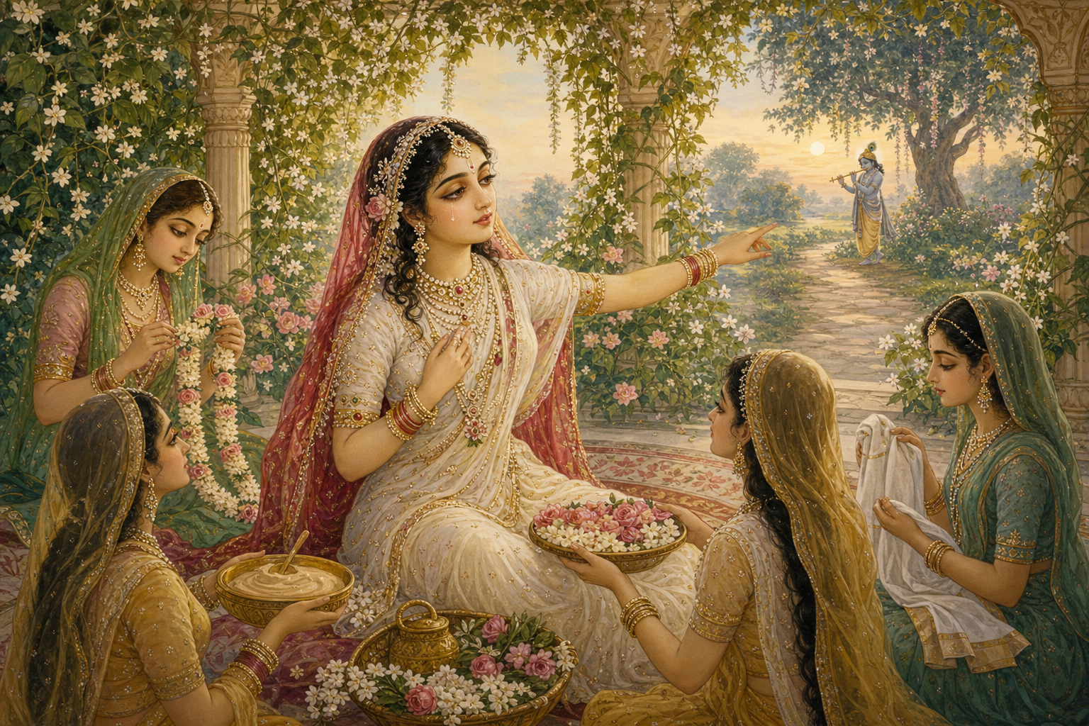 Sri Radha sits among her companions as they prepare flowers and devotional offerings for Krishna in a Vrindavan pavilion.
