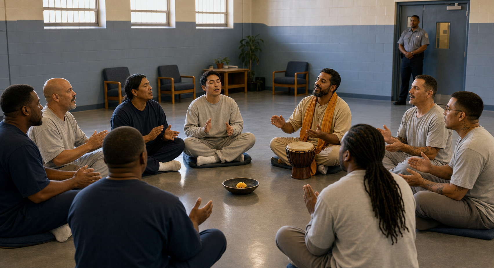 Adults in facility-issued clothing sit in a devotional practice circle with a facilitator while a staff member stands near the secured doorway.