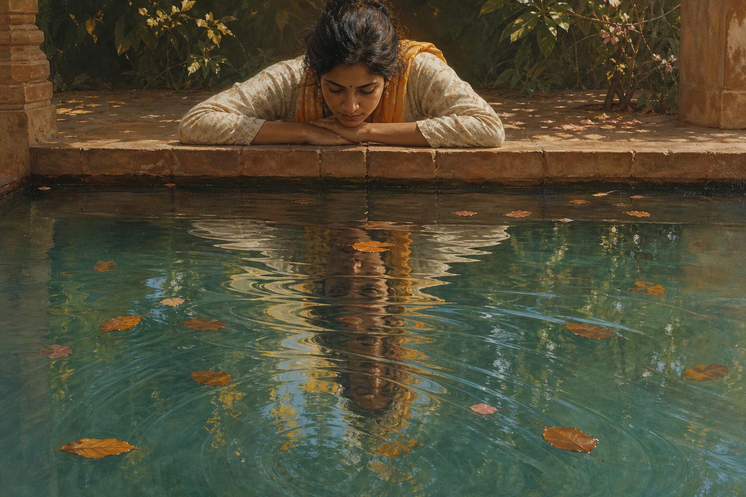 A still person looks into a garden pool where ripples distort the reflection of their face.
