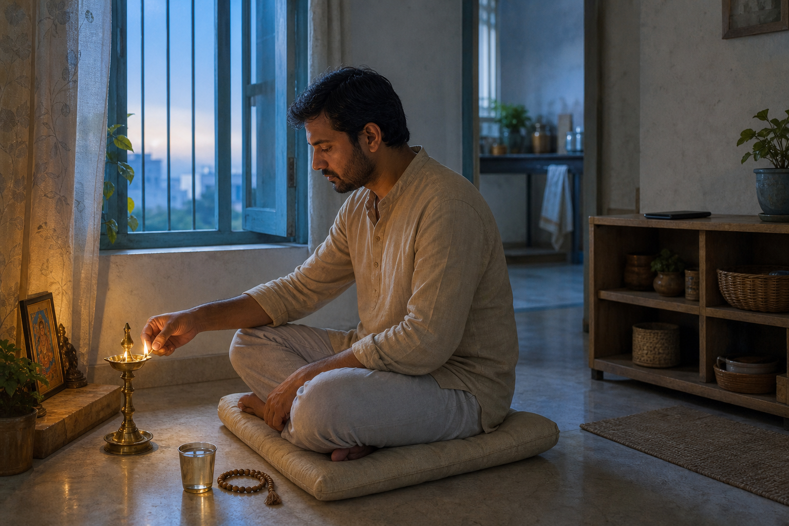 A person begins a quiet dawn practice on a floor cushion beside a lit oil lamp, with a phone placed face down across the room.