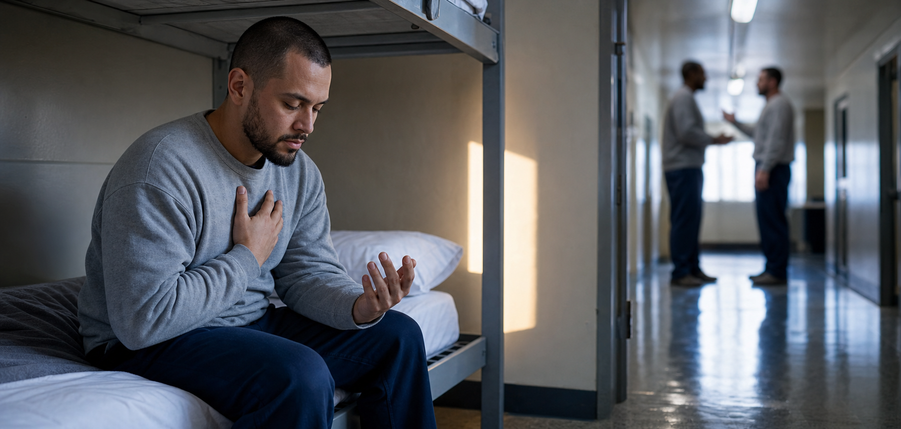 A person seated on a prison bunk counts breaths on their fingertips while an argument occurs out of focus in the corridor.