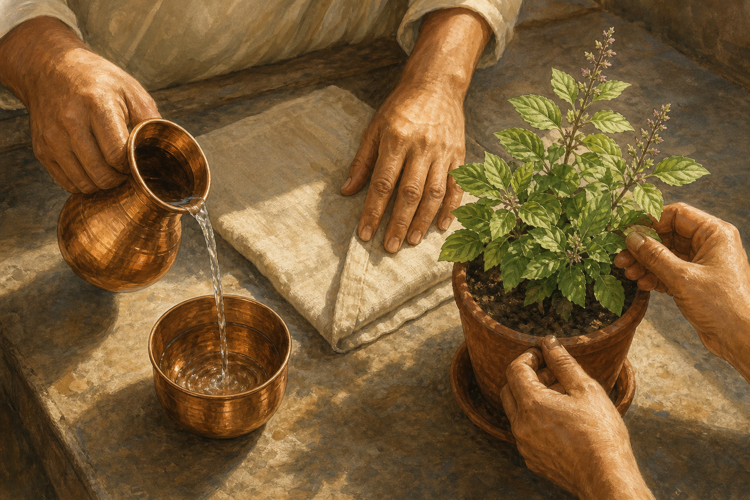 Hands pour water into a copper vessel and tend a potted sacred basil plant beside a simple home prayer space.