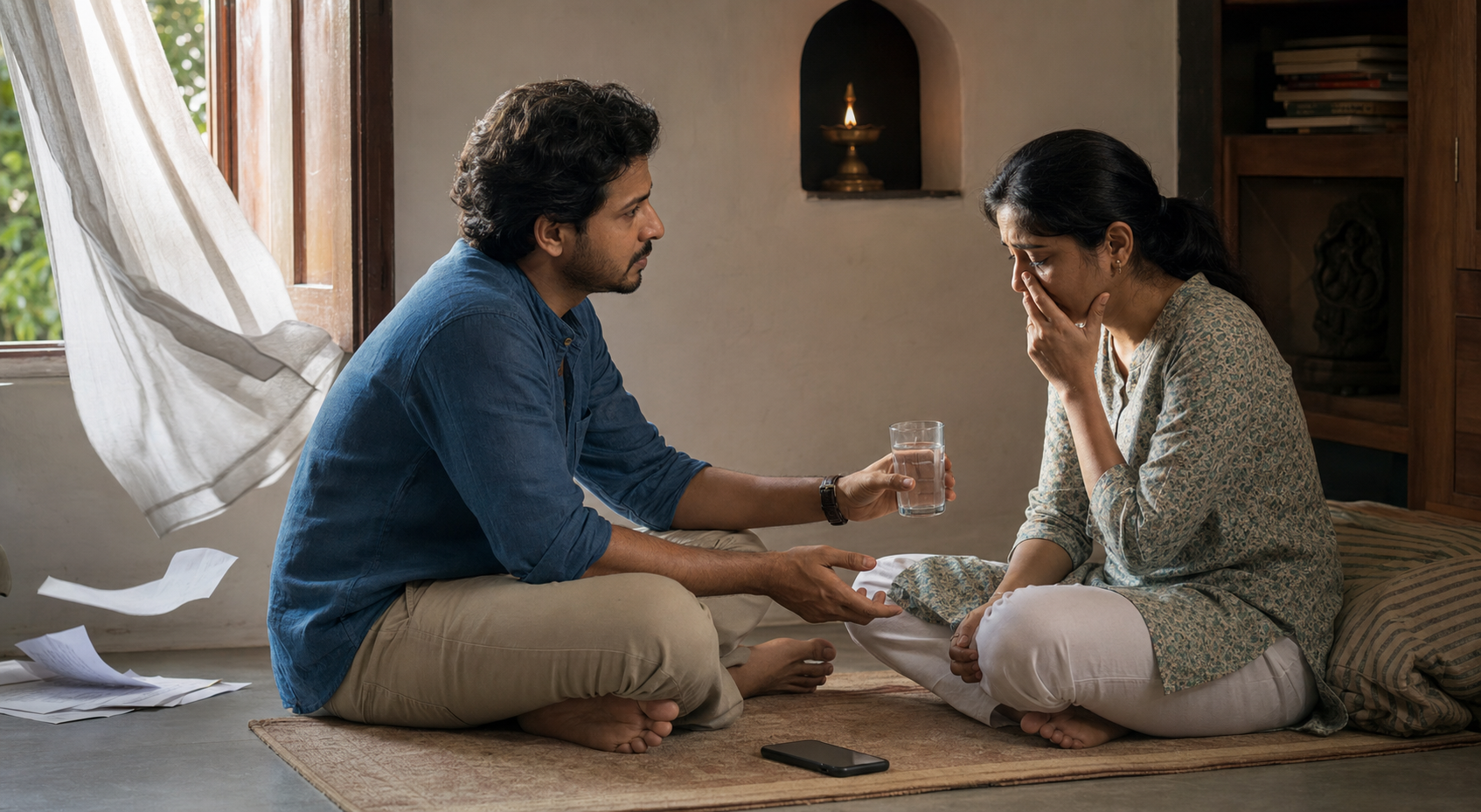 A calm adult offers water and listens to a distressed family member in a modest home, with a phone lying face down nearby.