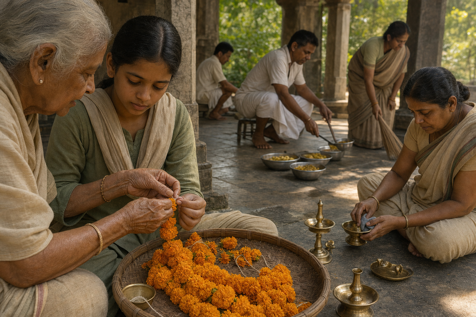 Community members thread marigold garlands, clean brass lamps, sweep a temple veranda, and prepare bowls of food together.