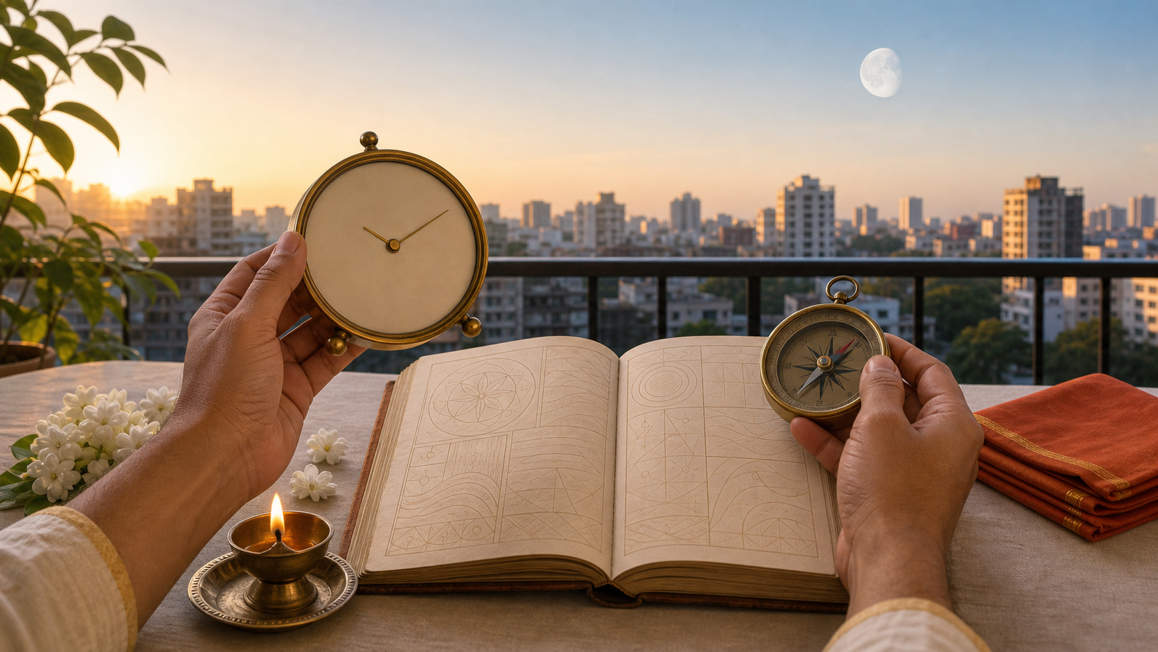 Hands compare a brass clock, compass, and open almanac on a dawn balcony overlooking an Indian city.