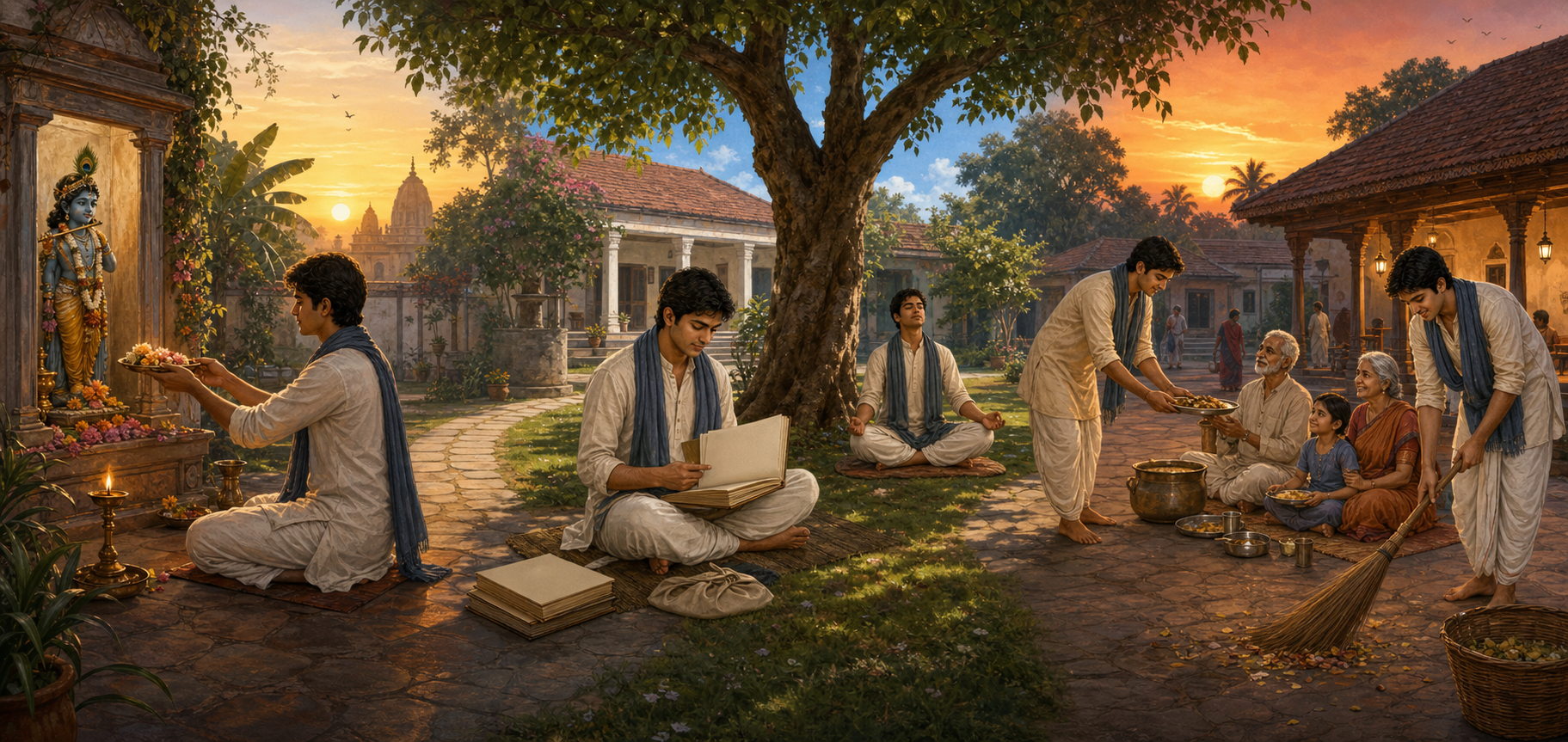 The same practitioner offers flowers at a Krishna shrine, studies and meditates beneath a tree, and serves food in a shared courtyard.