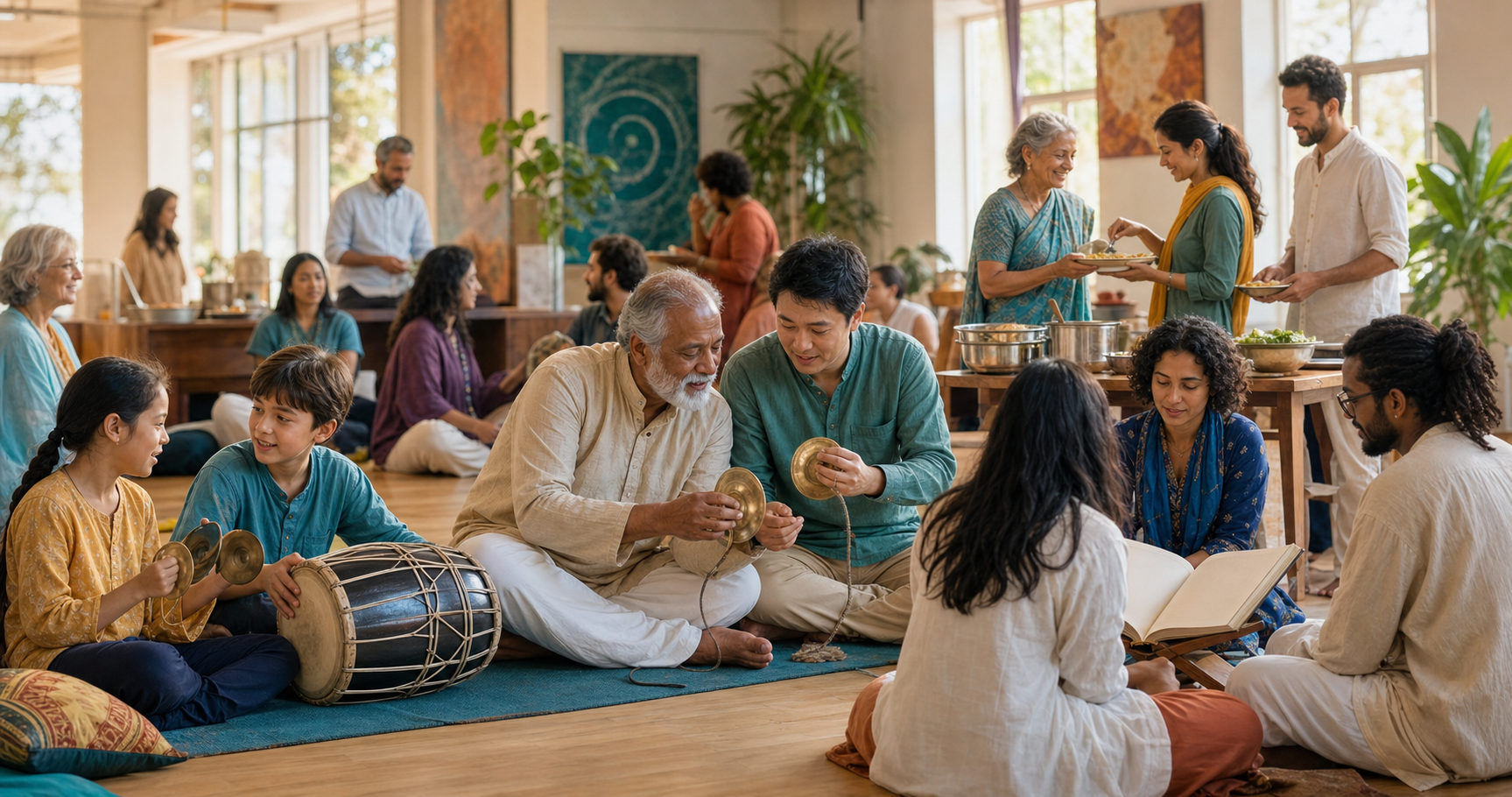 Children, adults, and elders learn devotional music, study together, and serve a vegetarian community meal.