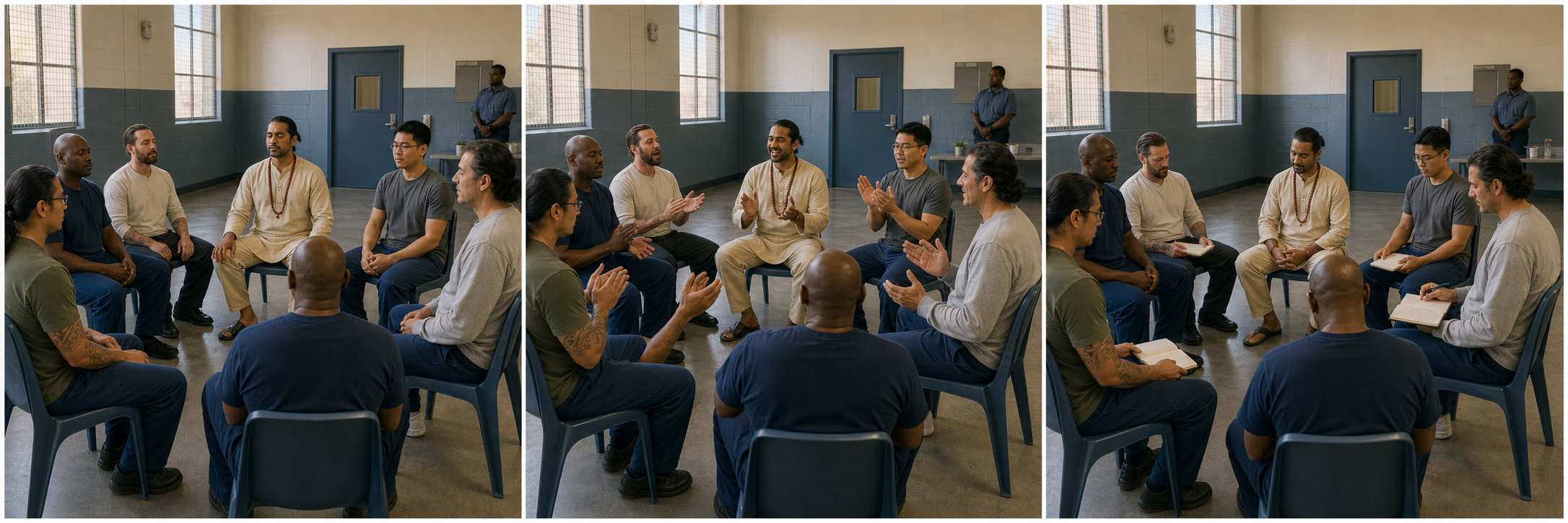 Three illustrated moments show a prison group practicing quiet breathing, call-and-response chanting, and silent reflection.