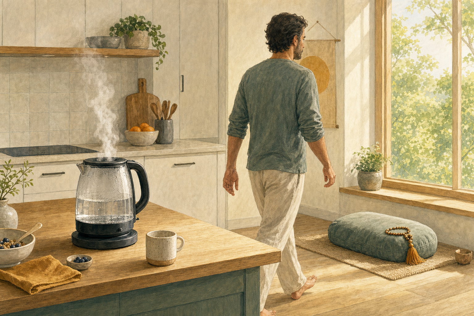 A person moves from a steaming morning kettle toward a meditation cushion with wooden prayer beads by the window.