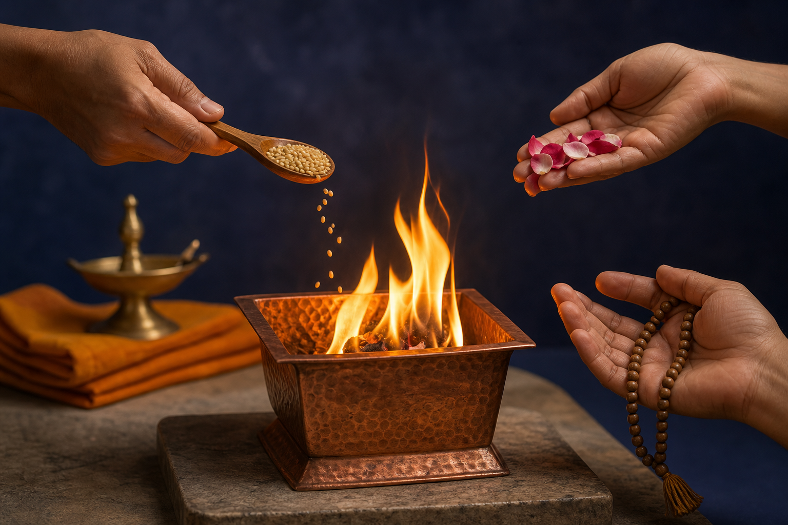 Several hands offer grains and flower petals around a small copper fire vessel, with prayer beads and a folded saffron cloth nearby.