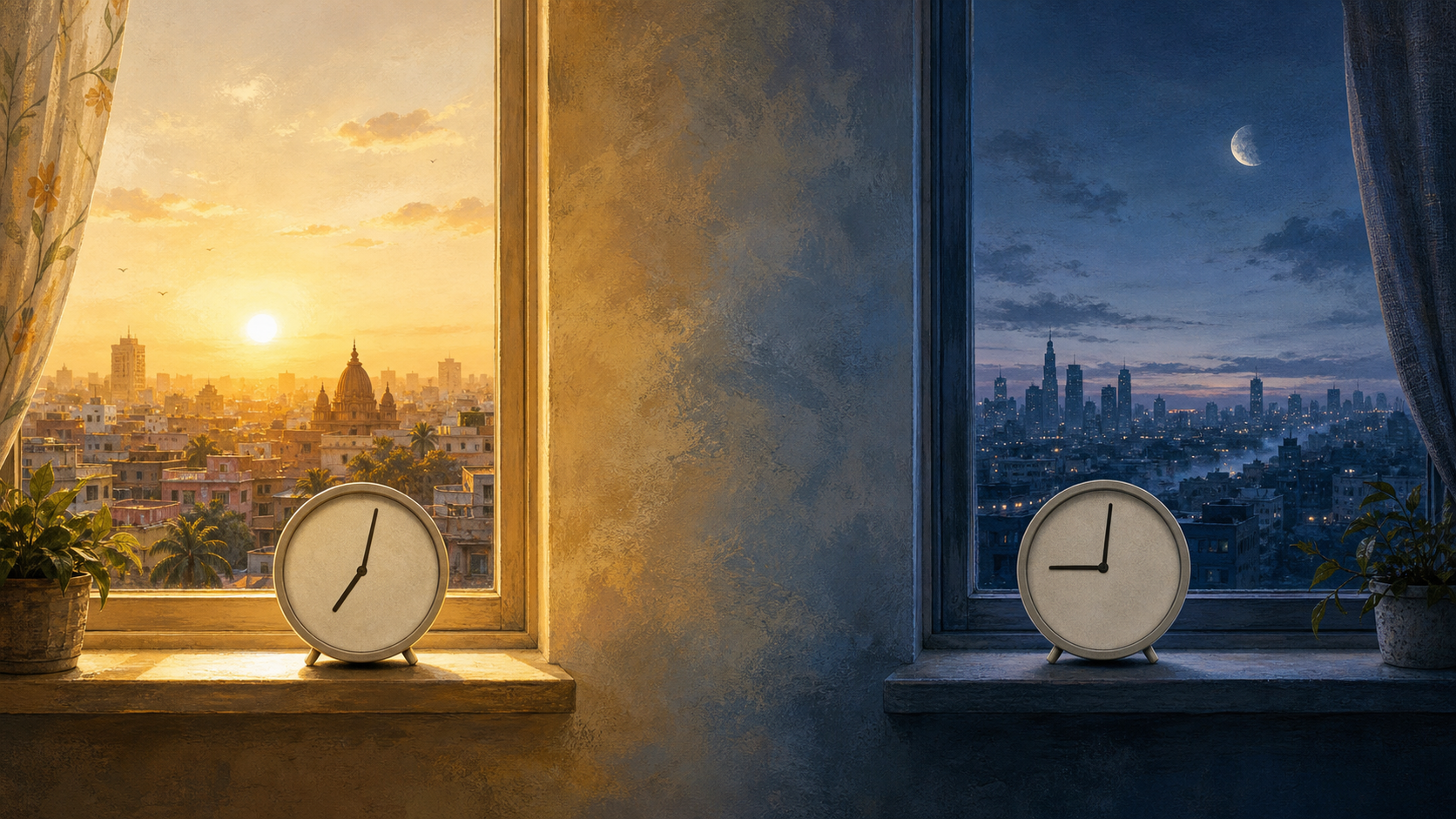 Two city windows show different light conditions and different clock positions on the same conceptual June day.
