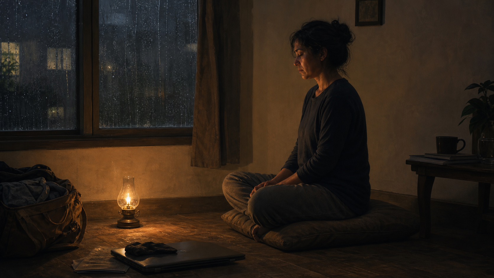 A tired person pauses for a short evening practice beside a small lamp while rain falls outside.