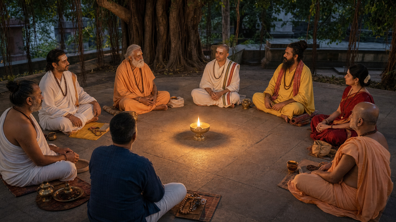 Practitioners in varied traditional dress sit in a circle beneath a banyan tree, each keeping distinct prayer beads and ritual objects beside them.