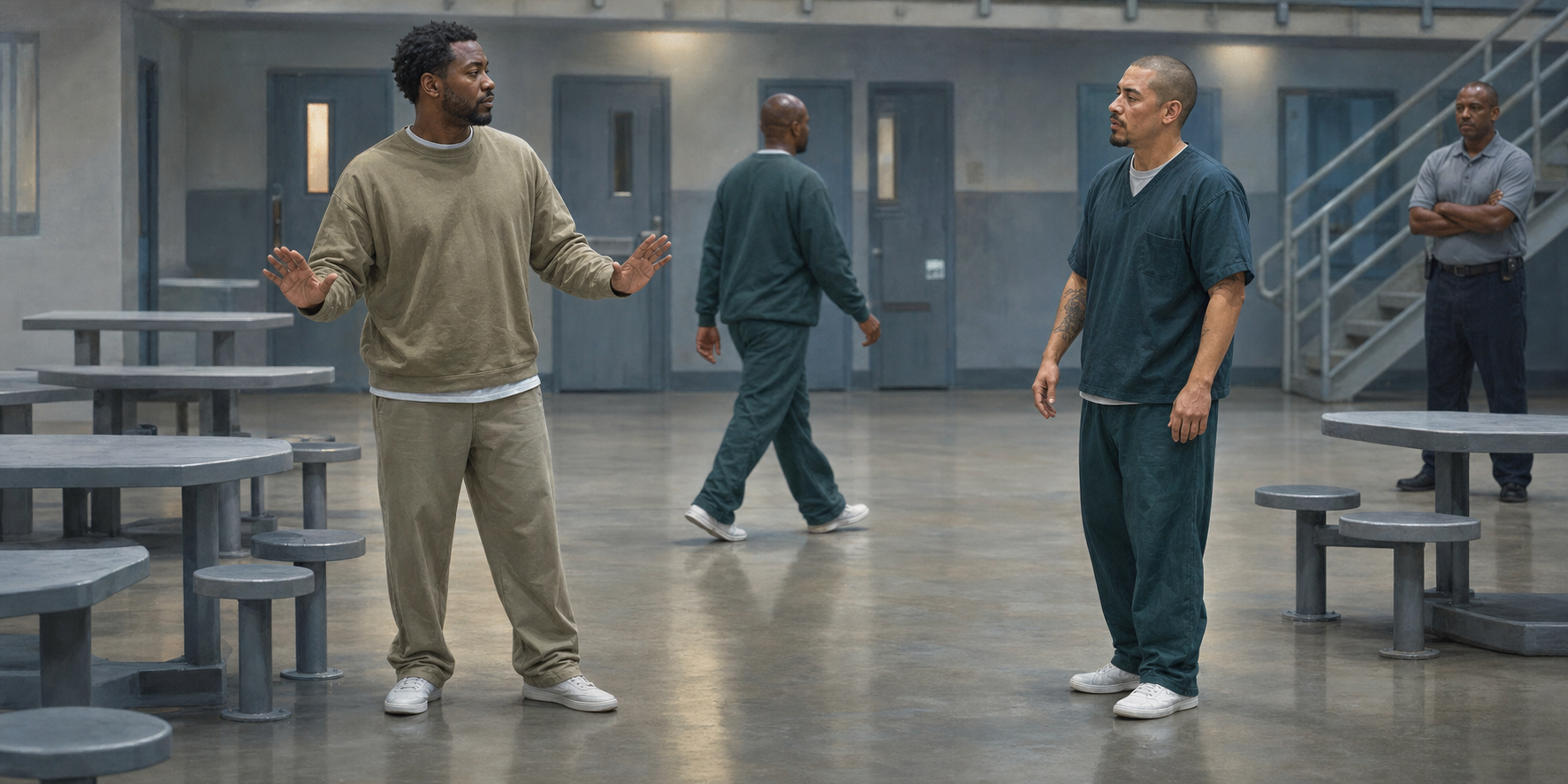 Two people de-escalate a disagreement in a prison common area as a staff member observes from a distance.