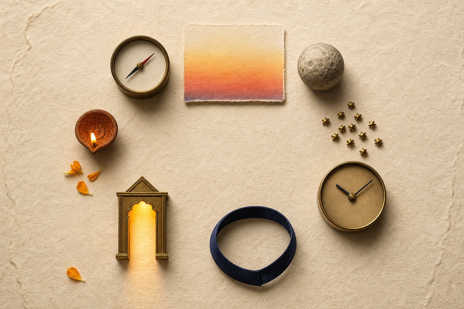 Seven symbolic objects, including a compass, clock, moon model, and illuminated doorway, form a sequence on a cream surface.