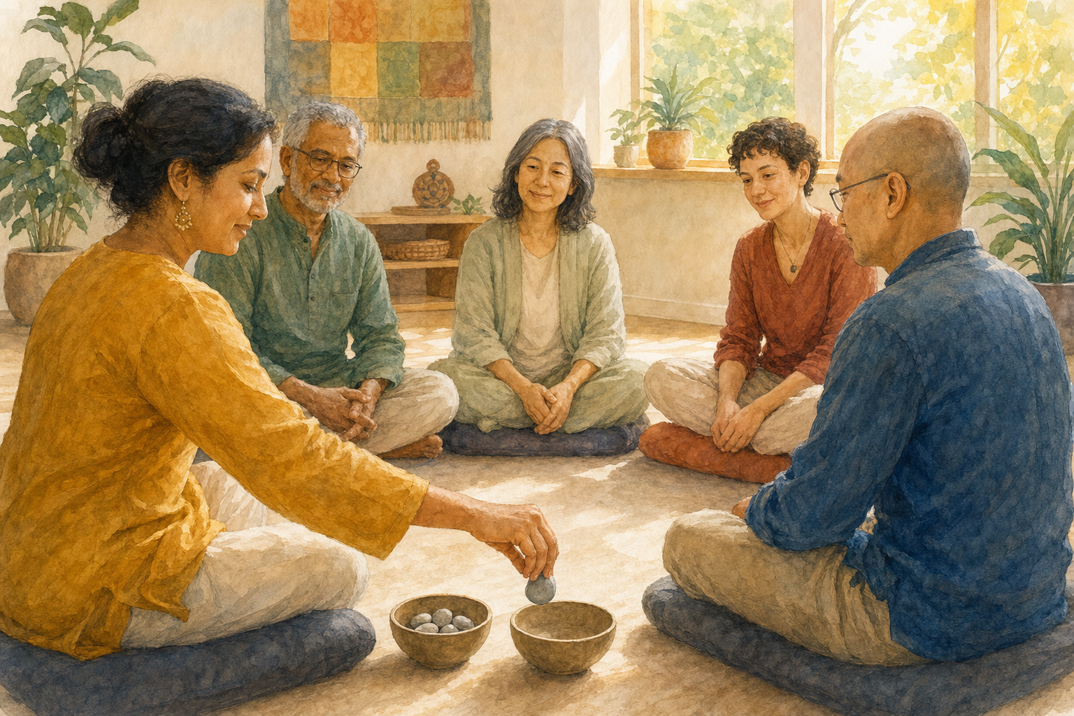Five adults sit in a supportive practice circle while one participant privately moves a pebble between two small bowls.