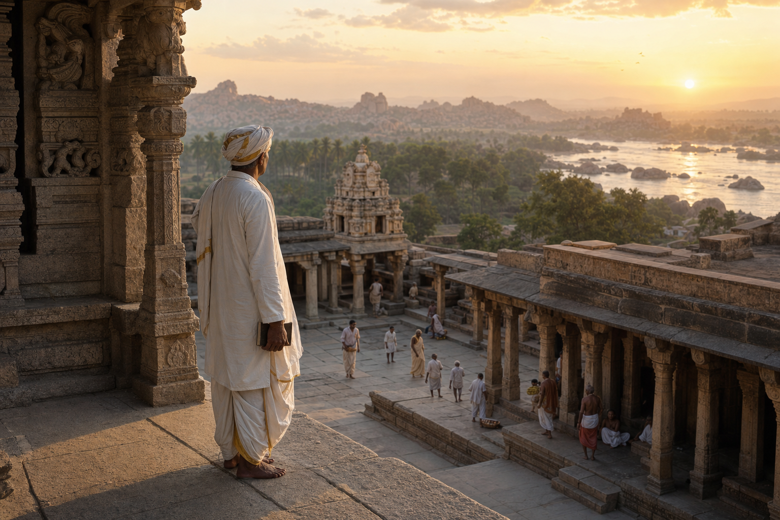 A scholar holding a closed notebook observes a stone temple complex, pilgrims, a river and distant hills at dawn.