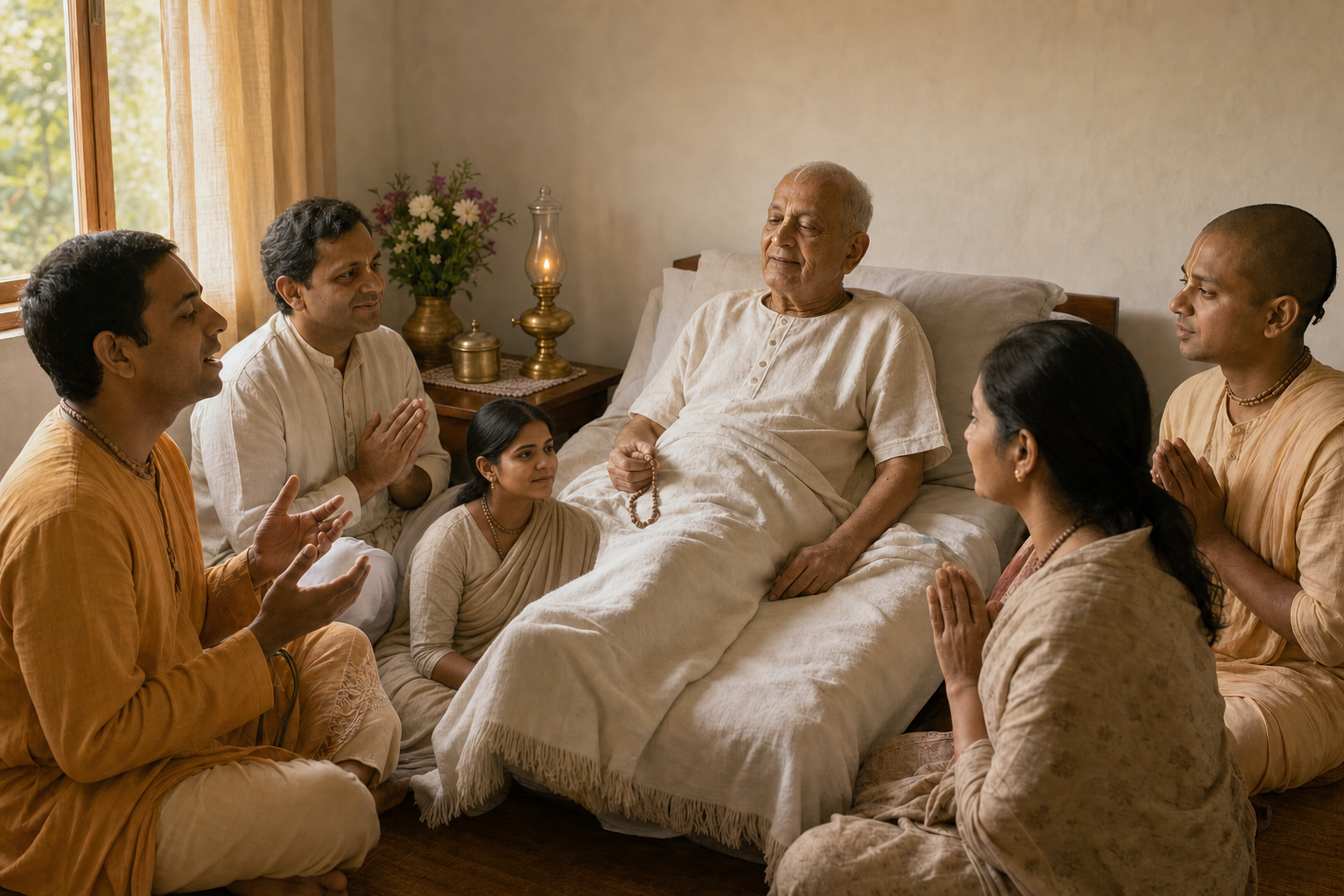 An elderly devotee holding prayer beads rests in bed while family members and fellow devotees sit nearby and chant softly.