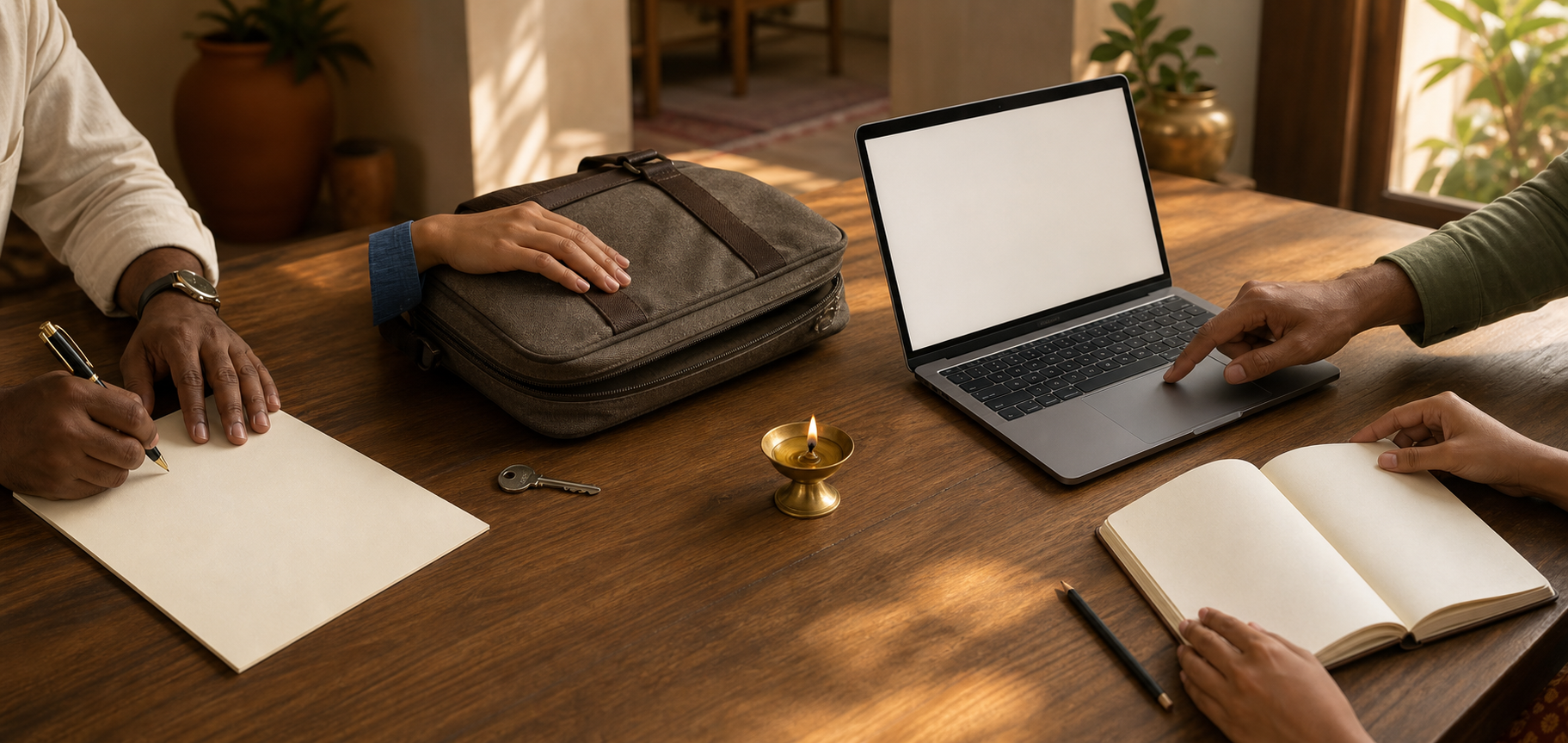 Hands begin four everyday tasks at a wooden table: signing a blank paper, preparing a travel bag, using a laptop, and opening a notebook.