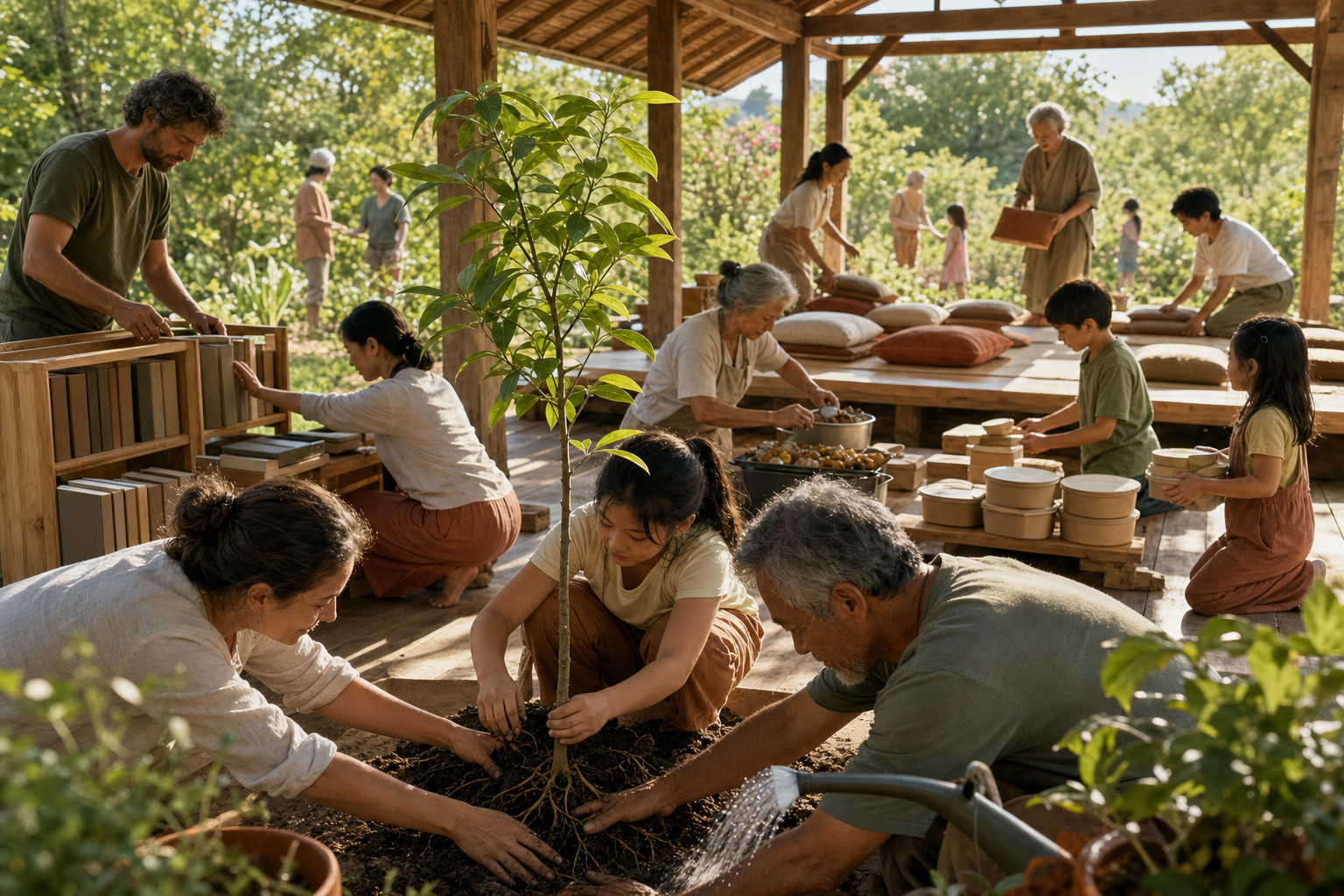 Volunteers plant a young tree and prepare bookshelves, meal containers, and floor cushions beside an open community pavilion.