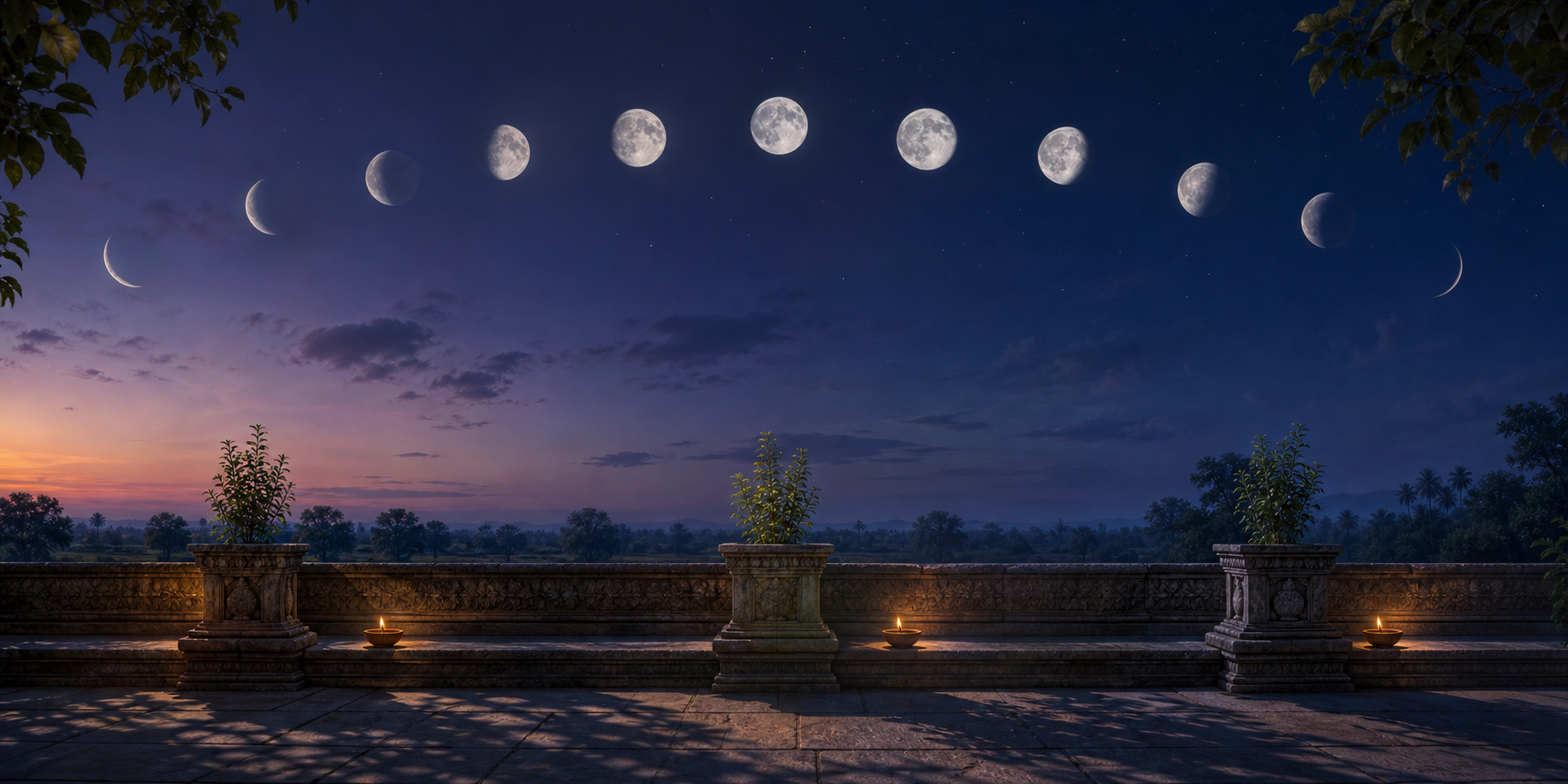 A continuous twilight courtyard scene shows several changing phases of the moon above a tulsi planter and clay lamp.