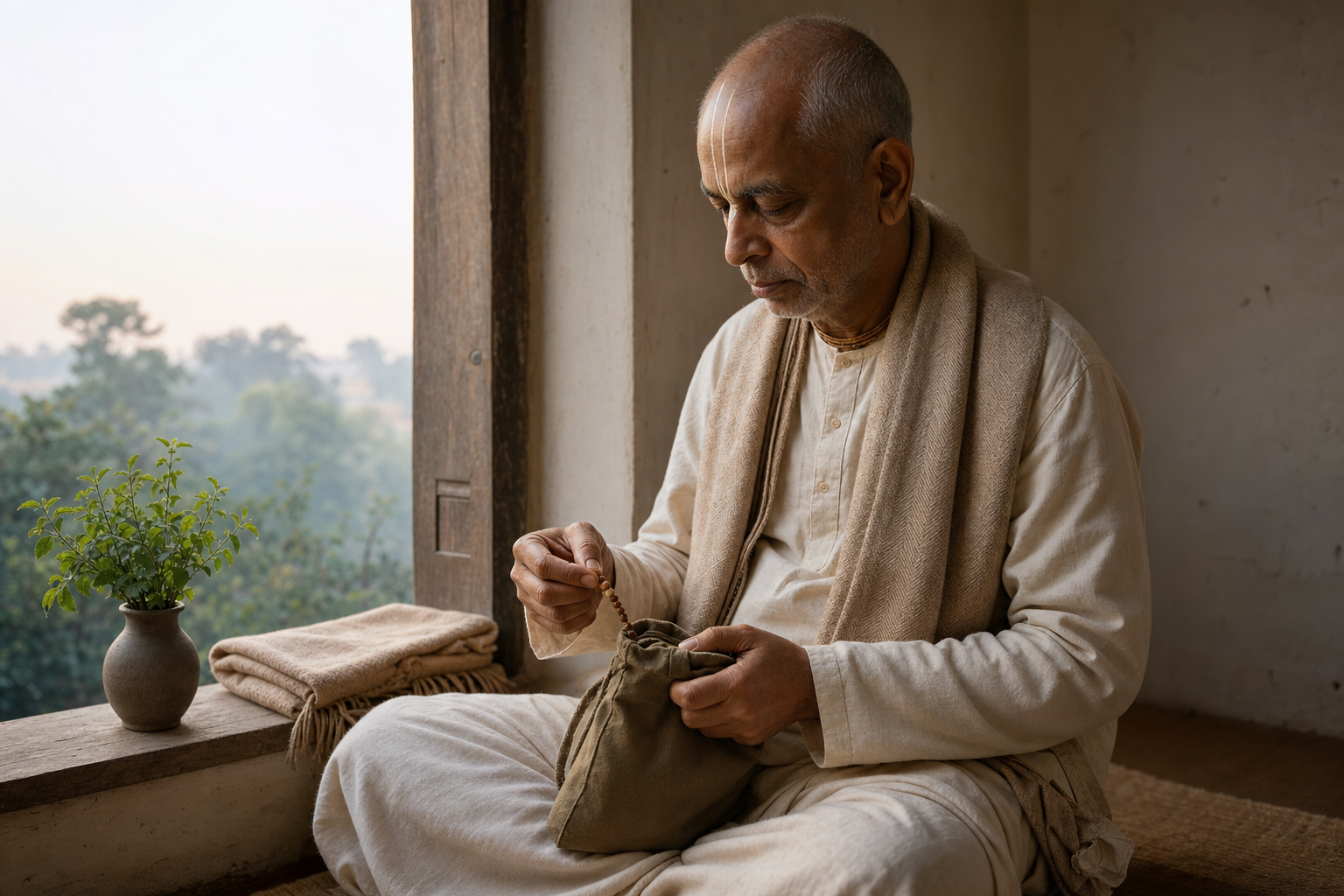 An older Gaudiya Vaishnava sits by a window at dawn and chants with tulasi prayer beads in a bead bag.