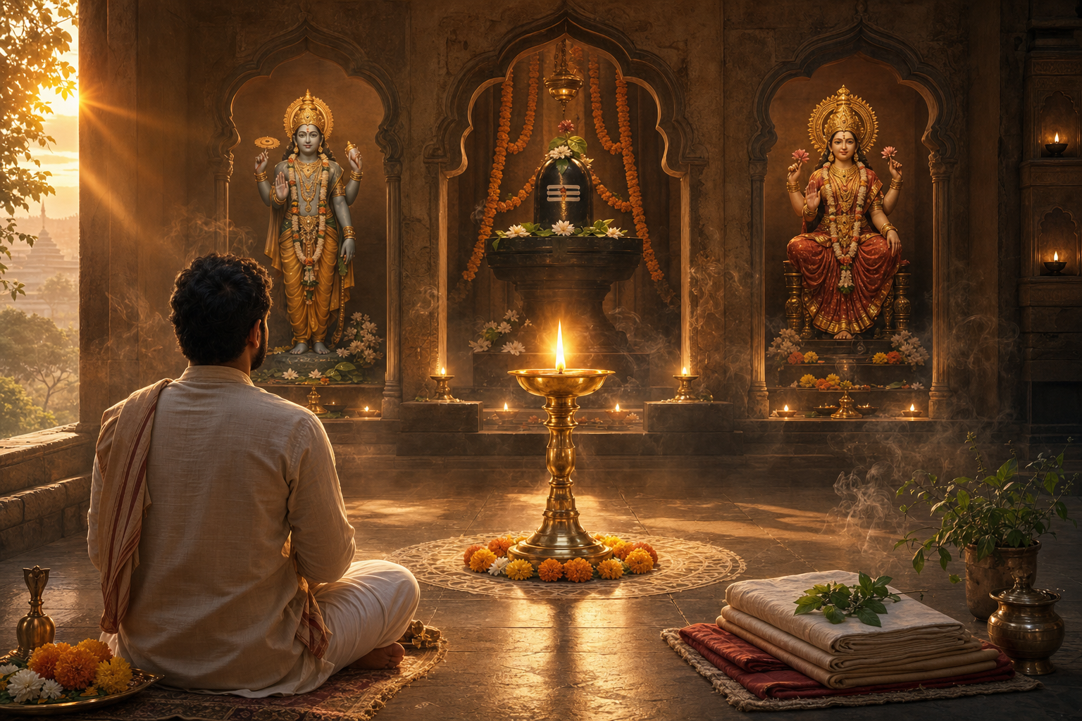 A devotee meditates before a central oil lamp in a Hindu shrine with Vishnu, Shiva, and Devi honored in softly lit alcoves.