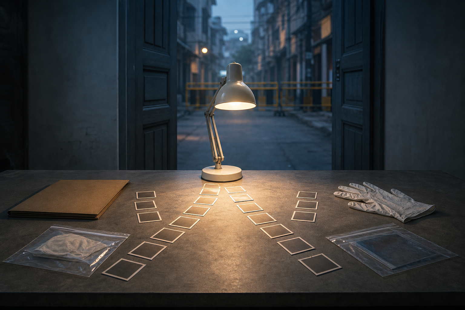 An investigator's table with an unmarked case folder, sealed evidence sleeves, gloves and two separate trails of face-down photographs under a desk lamp, with a blurred city lane beyond.