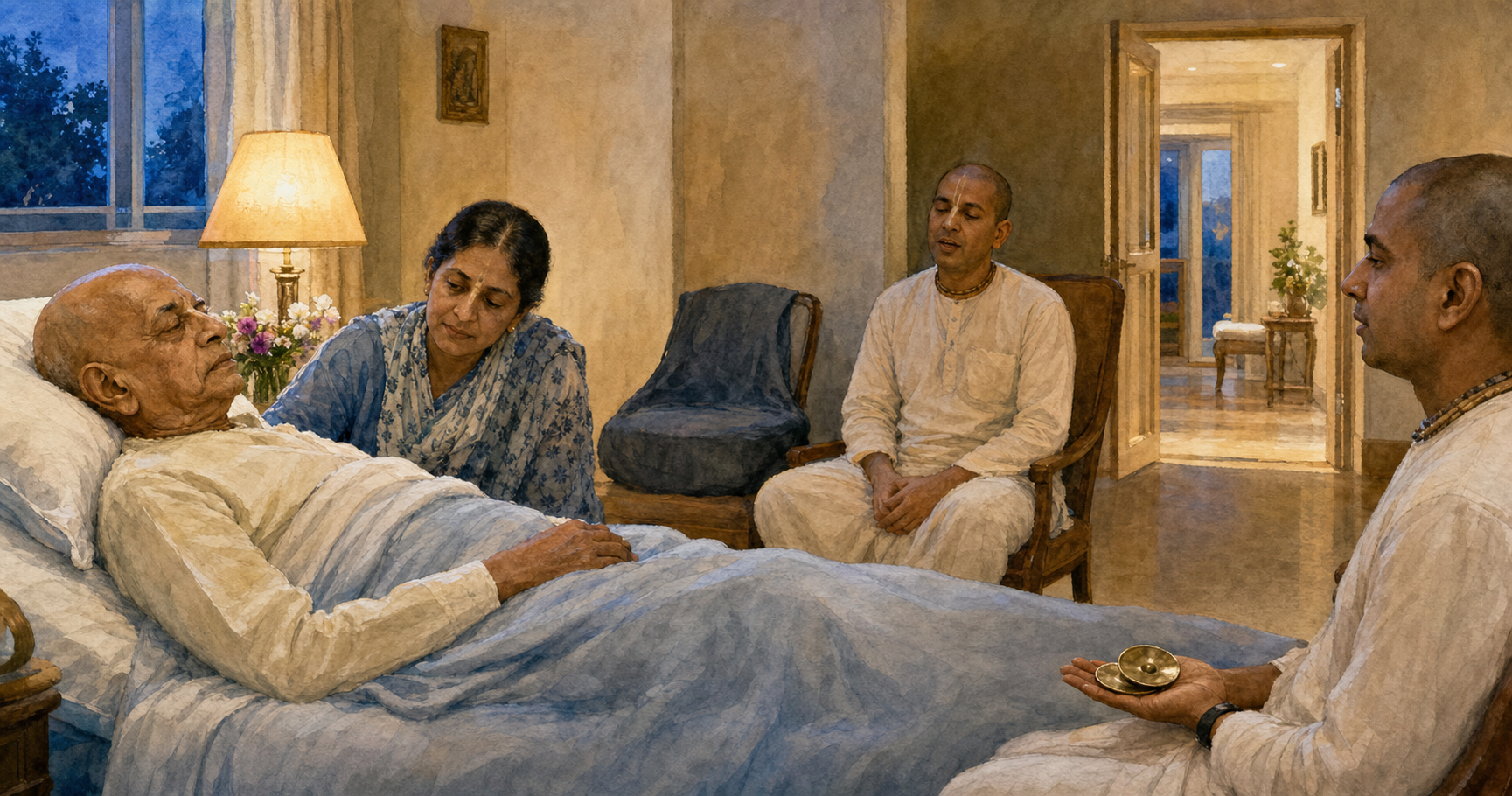 Devotees and a family member sit quietly around a resting person, with hand cymbals held still and a covered drum in the background.