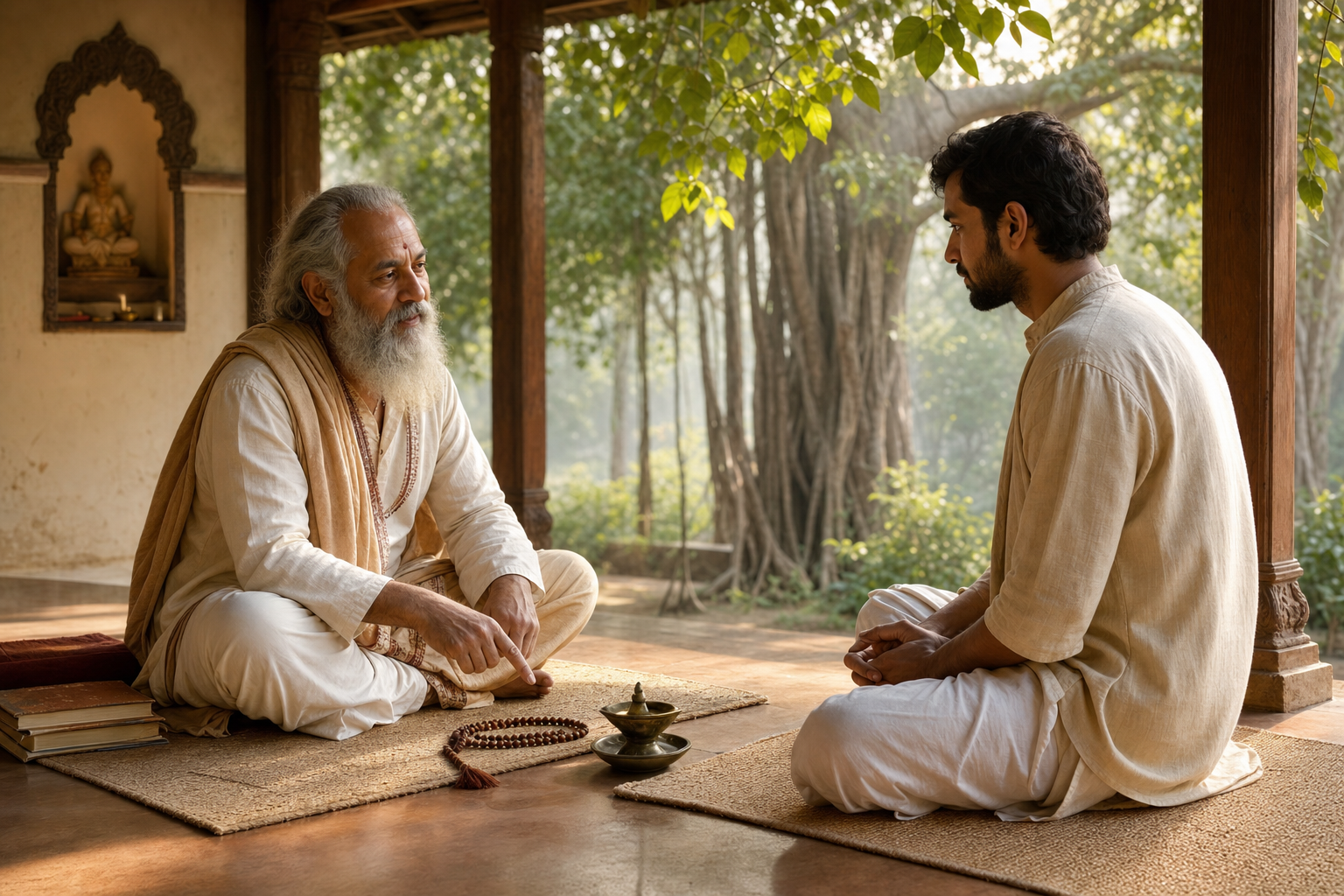 An elderly spiritual teacher guides an adult student beside a mala and ritual lamp on a quiet veranda.