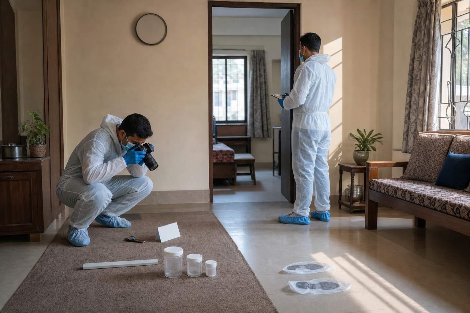 Two anonymous forensic investigators carefully document objects, footprints and sightlines inside a modest room without showing a victim or graphic evidence.
