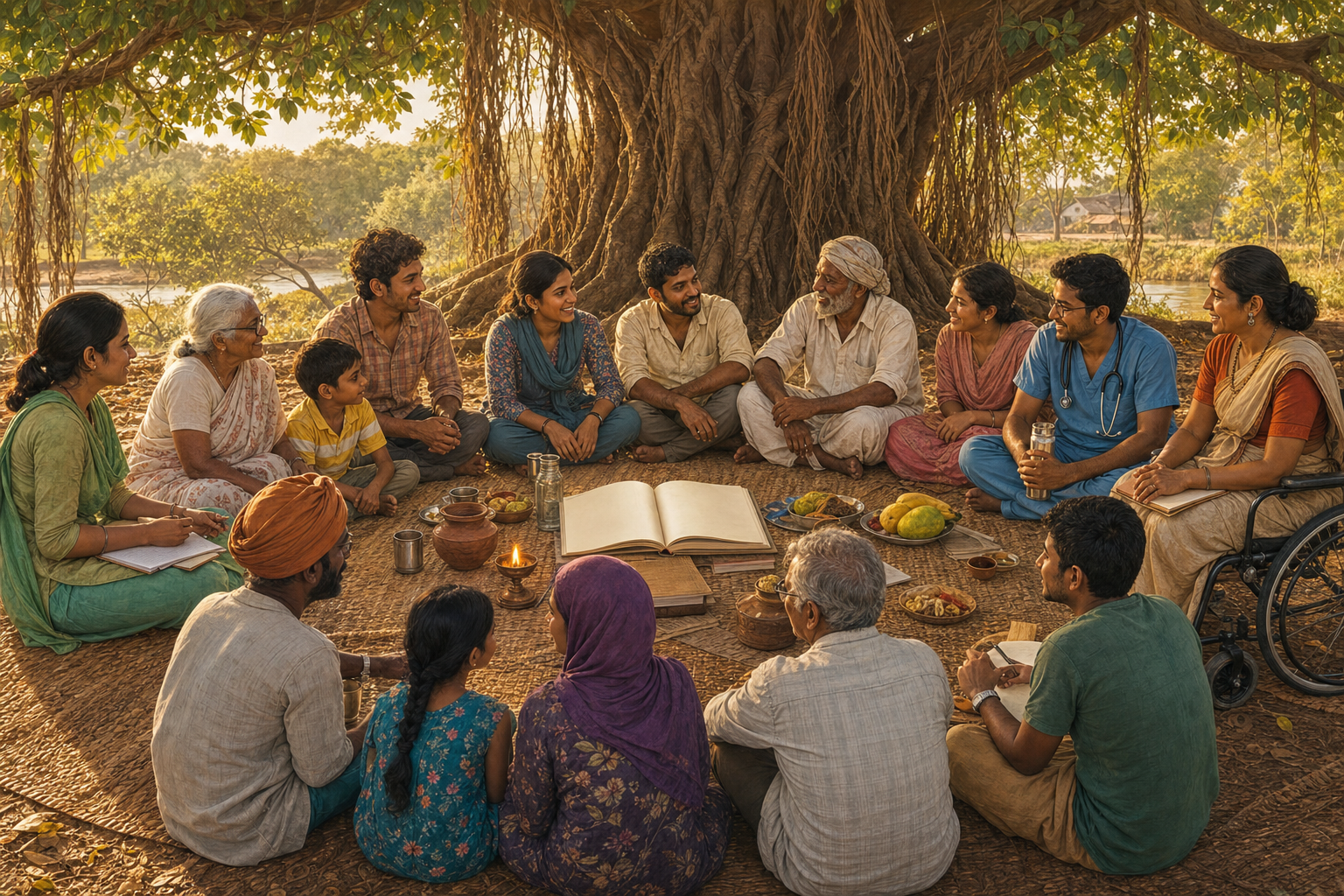 A diverse group sits in an equal circle beneath a banyan tree around an open manuscript and lamp, sharing food, water, and books.