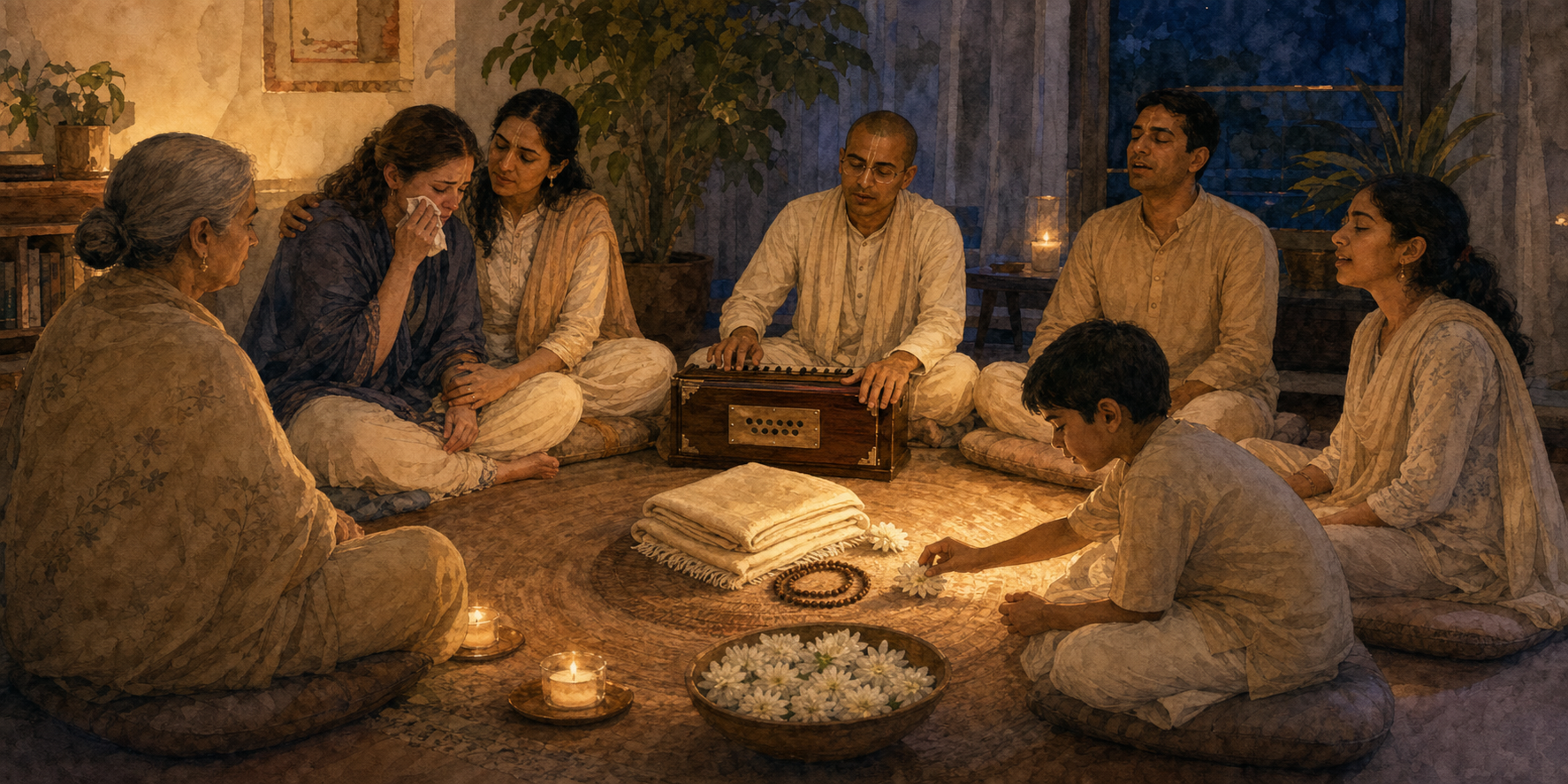 Mourners sit in a circle around a folded shawl, prayer beads, and white flowers while one person sings and another wipes away tears.